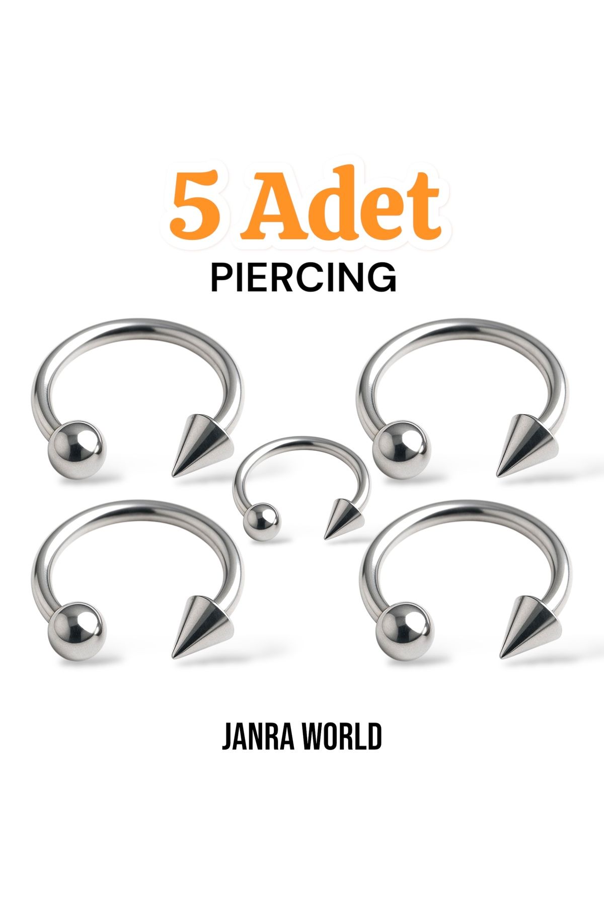 JANRA WORLD 5'li Piercing Seti – Helix, Tragus, Septum, Burun, Kaş, Göbek, Kulak, Daith, Rook, Industrial