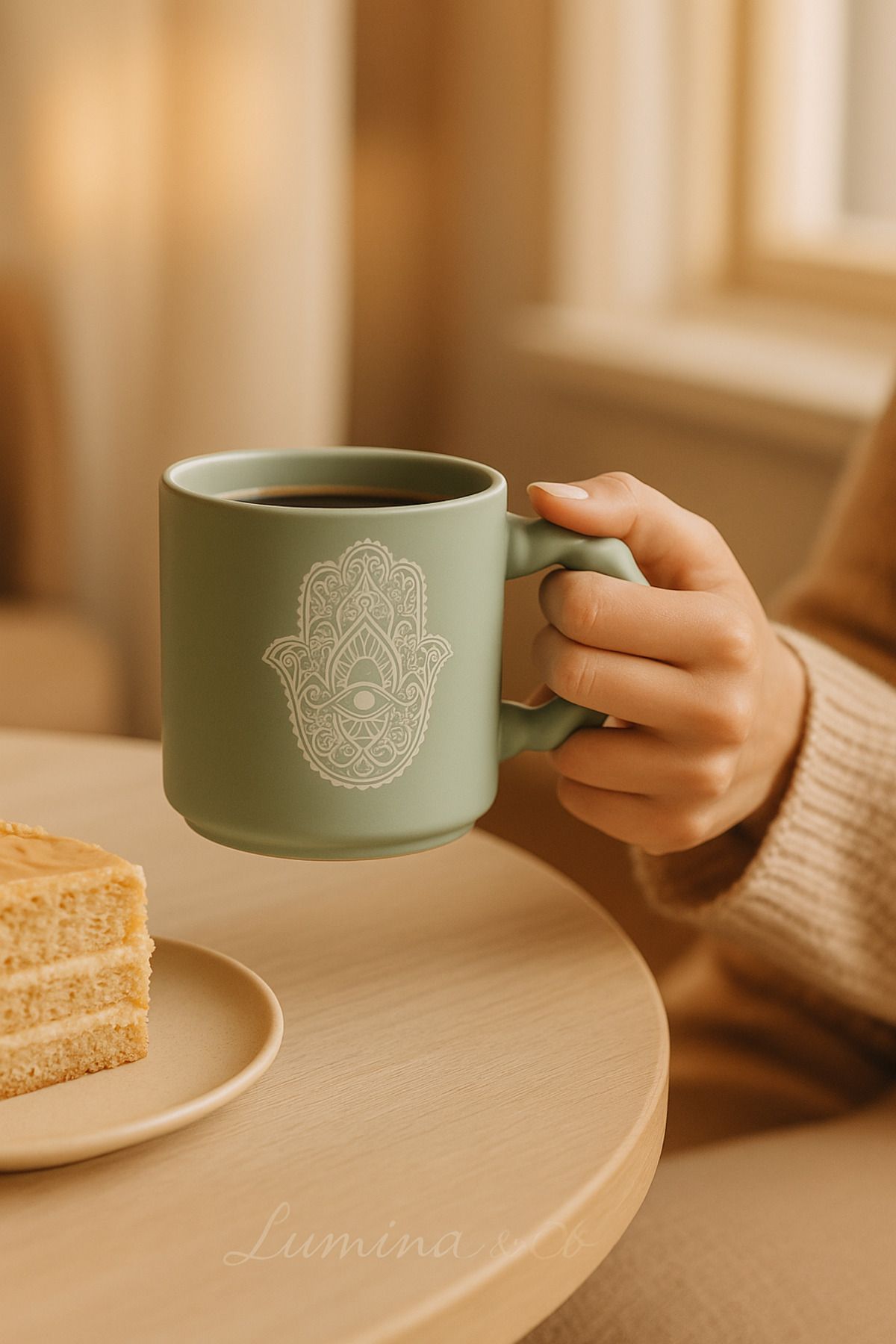 LUMİNA Hamsa Desenli Pastel Renk Porselen Kupa - 350 ml