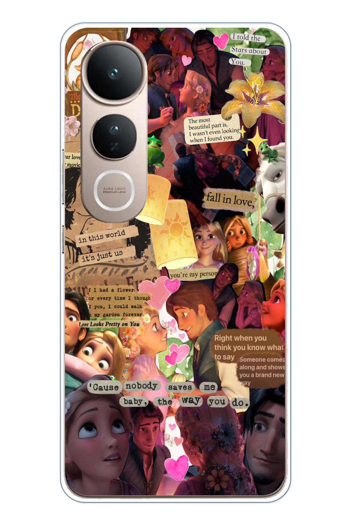 TechTree Vivo V50 Lite Uyumlu Rapunzel Tangled Çıkartma Kolaj Tasarımlı Şeffaf Silikon Kılıf