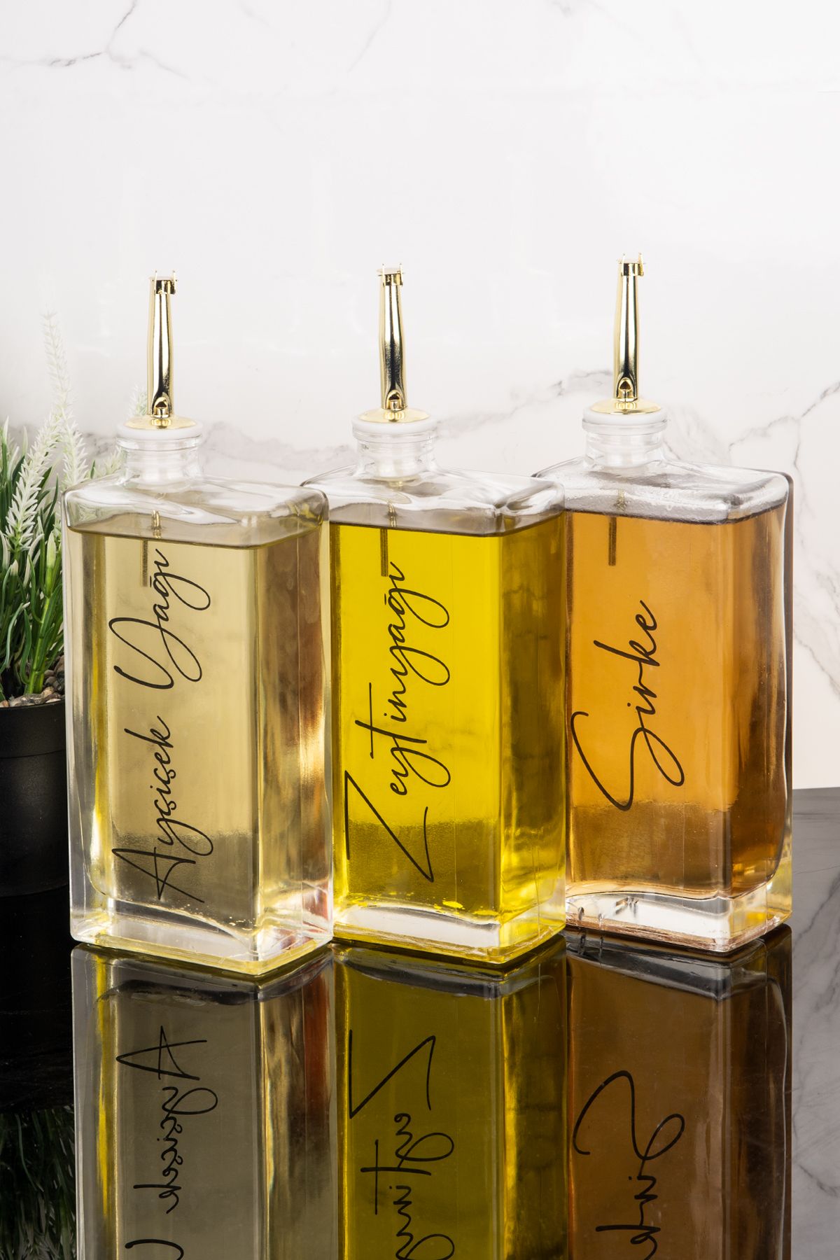 Dolkin Home 3lü 500 ml Yağdanlık Gold Kapak Cam Yağlık Zeytinyağı Ve Ayçiçek Yağı Etiketli Sosluk Sirkelik