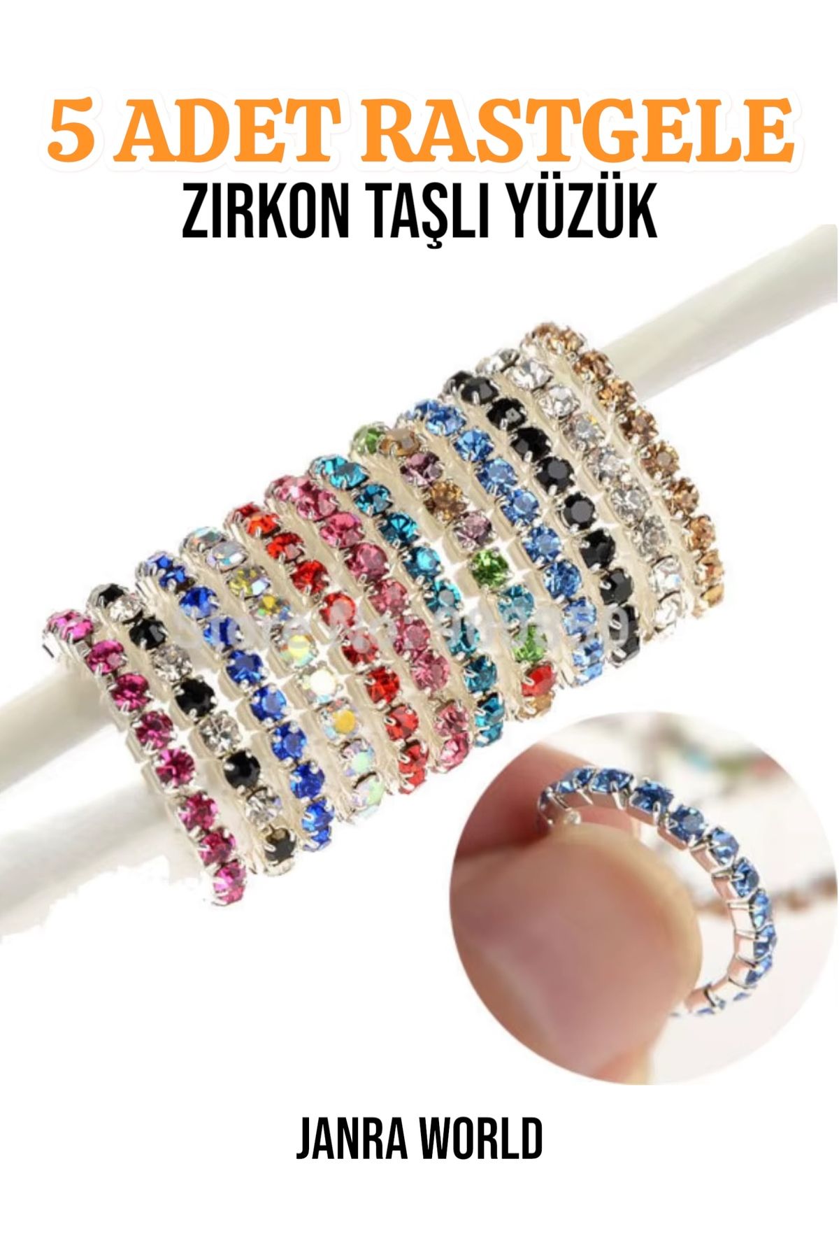 JANRA WORLD 5 Adet Renkli Tam Tur Zirkon Taşlı Elastik Yüzük – Sürpriz Paket Şık Kadın Yüzük Seti