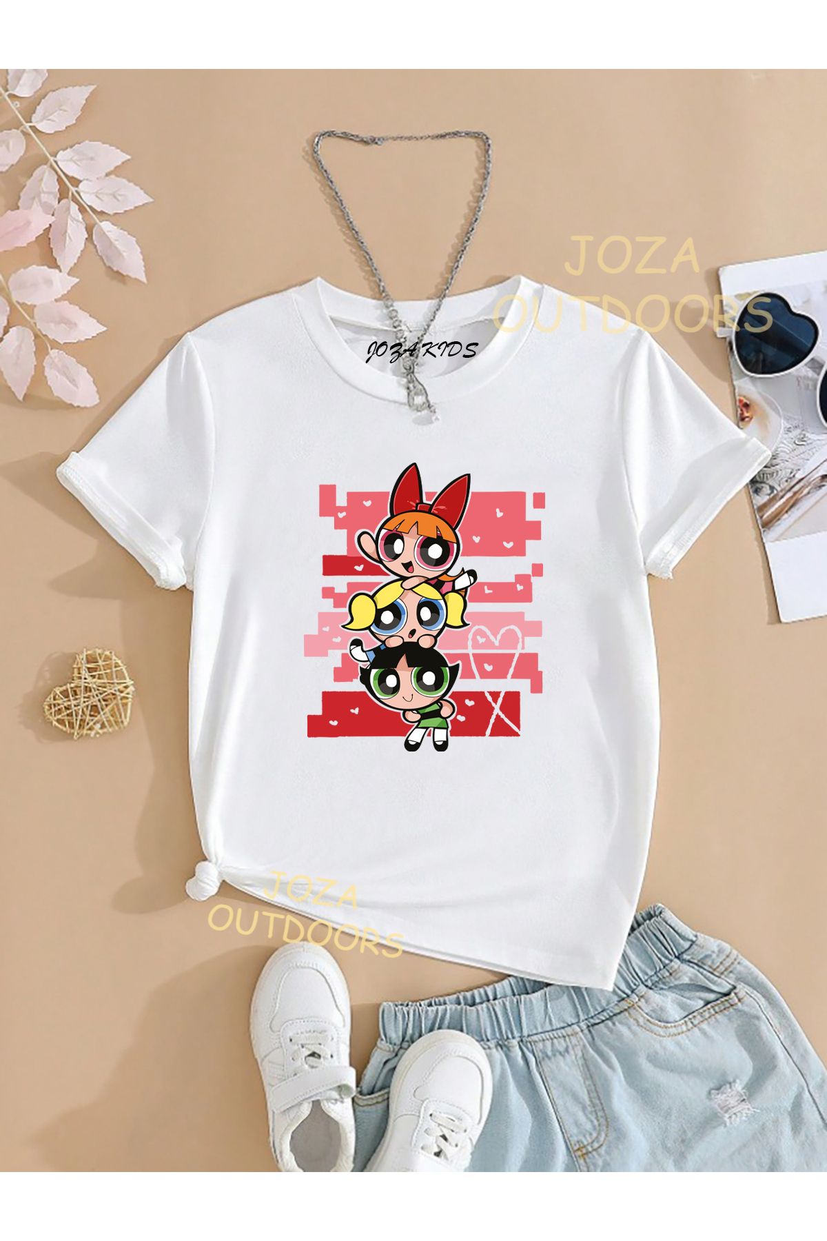 Jobia Outdoors Unisex Kız Ve Erkek Powerpuff Girls Tasarım Baskılı Renkli Çocuk Tekli T-shirt