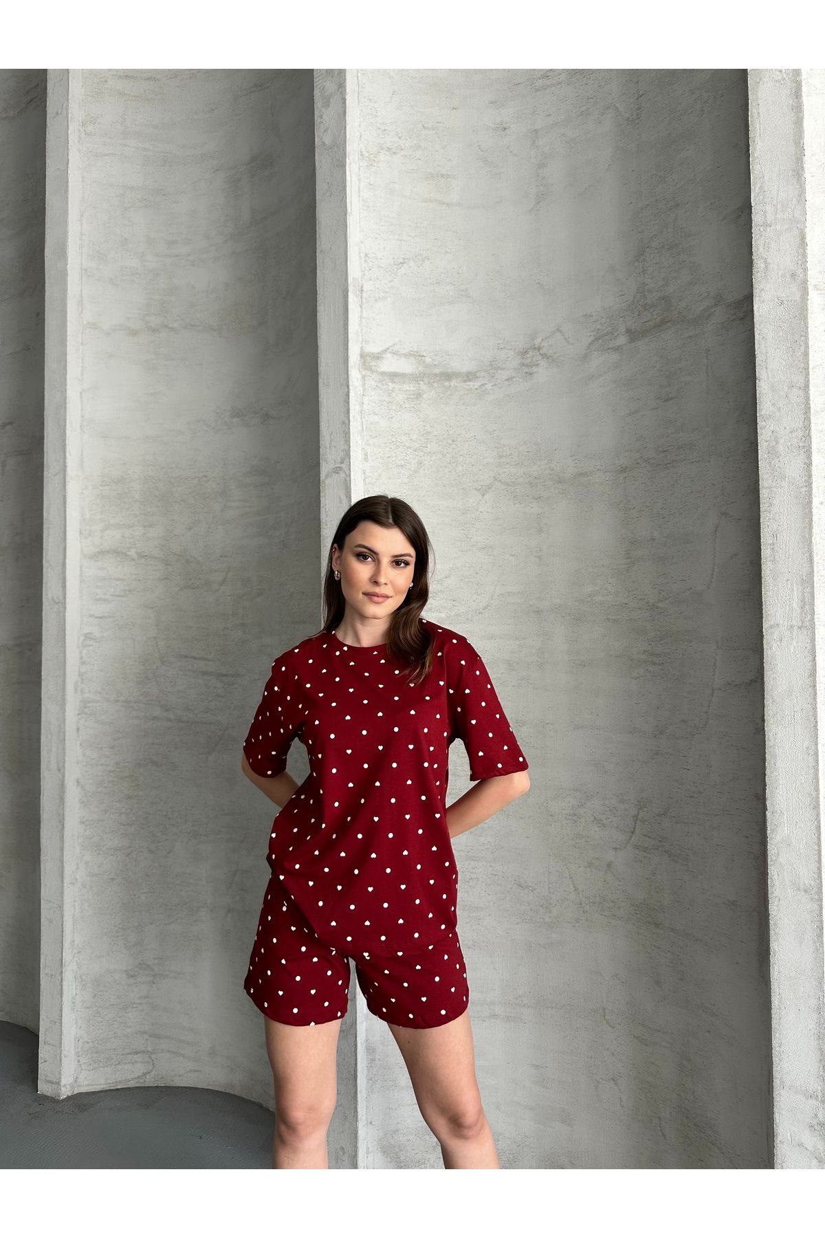 LETS BASIC Kadın Şortlu Organik Pijama Takımı – Kalpli Baskılı – Let’s Basic – Yazlık / Ev Giyim