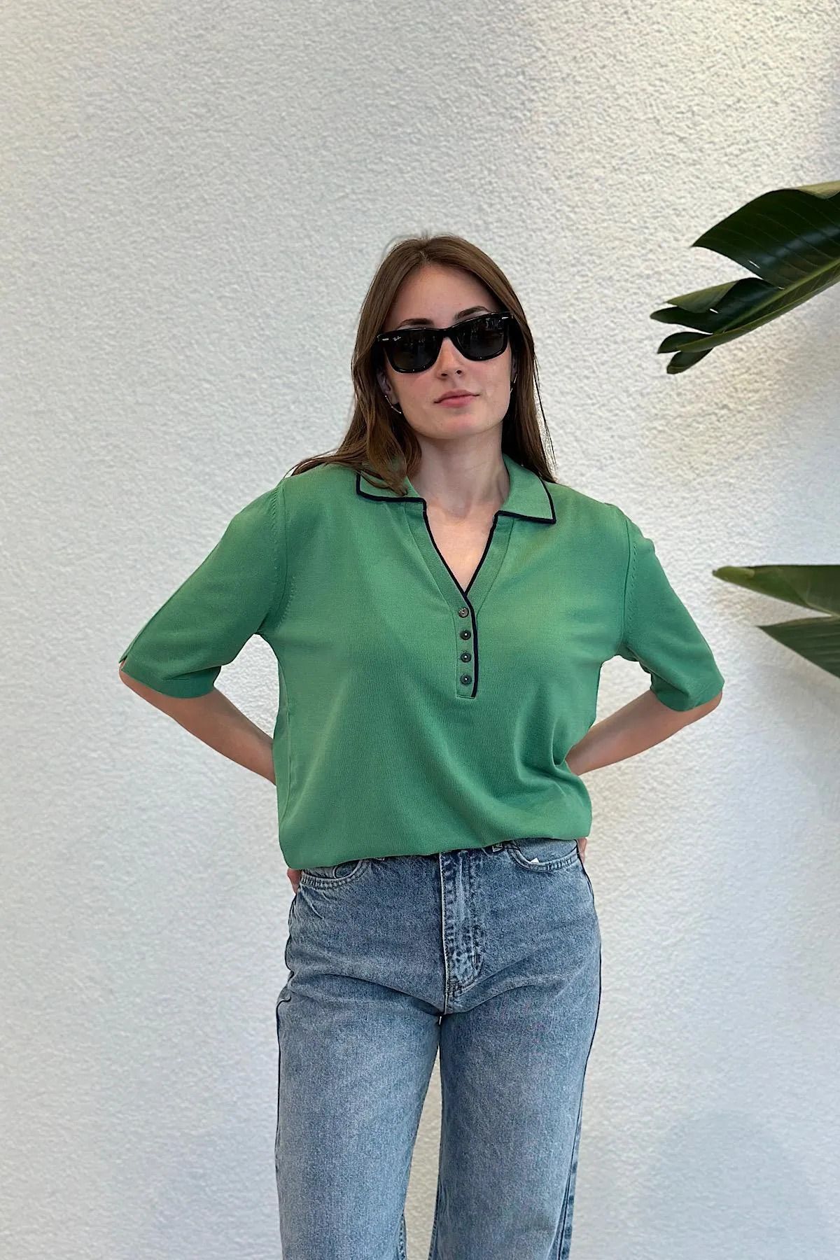 Damlabutiks Polo Yaka Düğmeli Merserize Triko Bluz