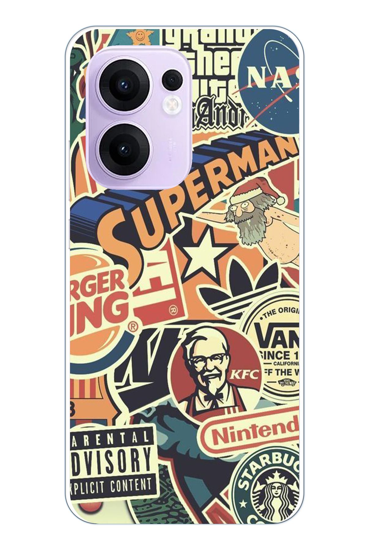 TechTree OPPO Reno 13F Uyumlu Retro Nostaljik Markalar Tasarımlı Şeffaf Silikon Kılıf