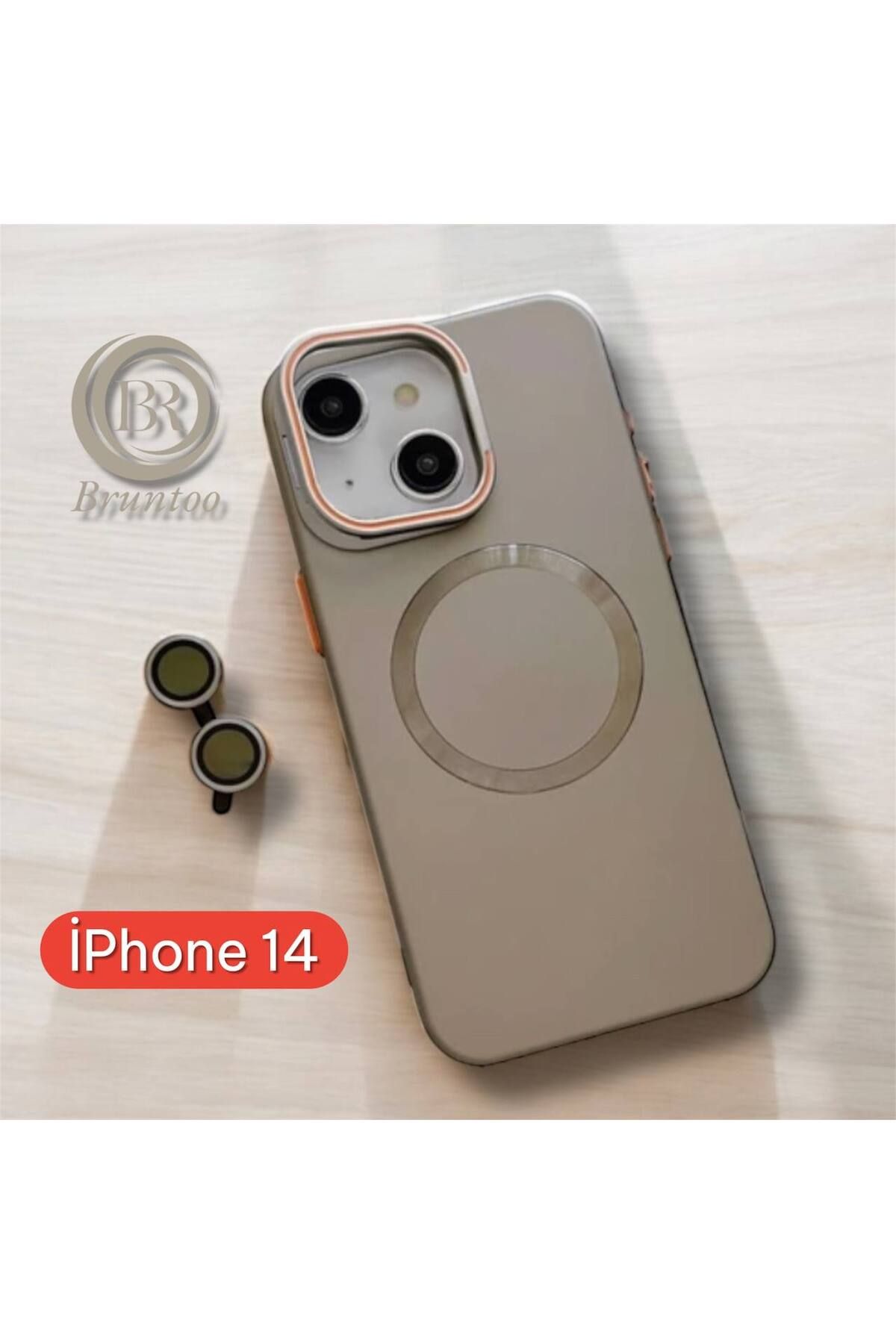 Bruntoo BR Apple İphone 14 Uyumlu Magnezyum Serisi Standlı Kapak Magsafe Sert Kılıf + Kamera Lens Koruma .