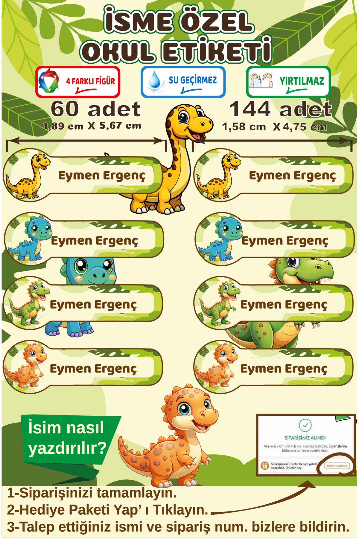 Ayza Tasarım İsme Özel Su Geçirmez Dinozor Okul Etiketi Sticker Kişiye Özel Çocuk İsim Etiketi Kırtasiye Malzeme