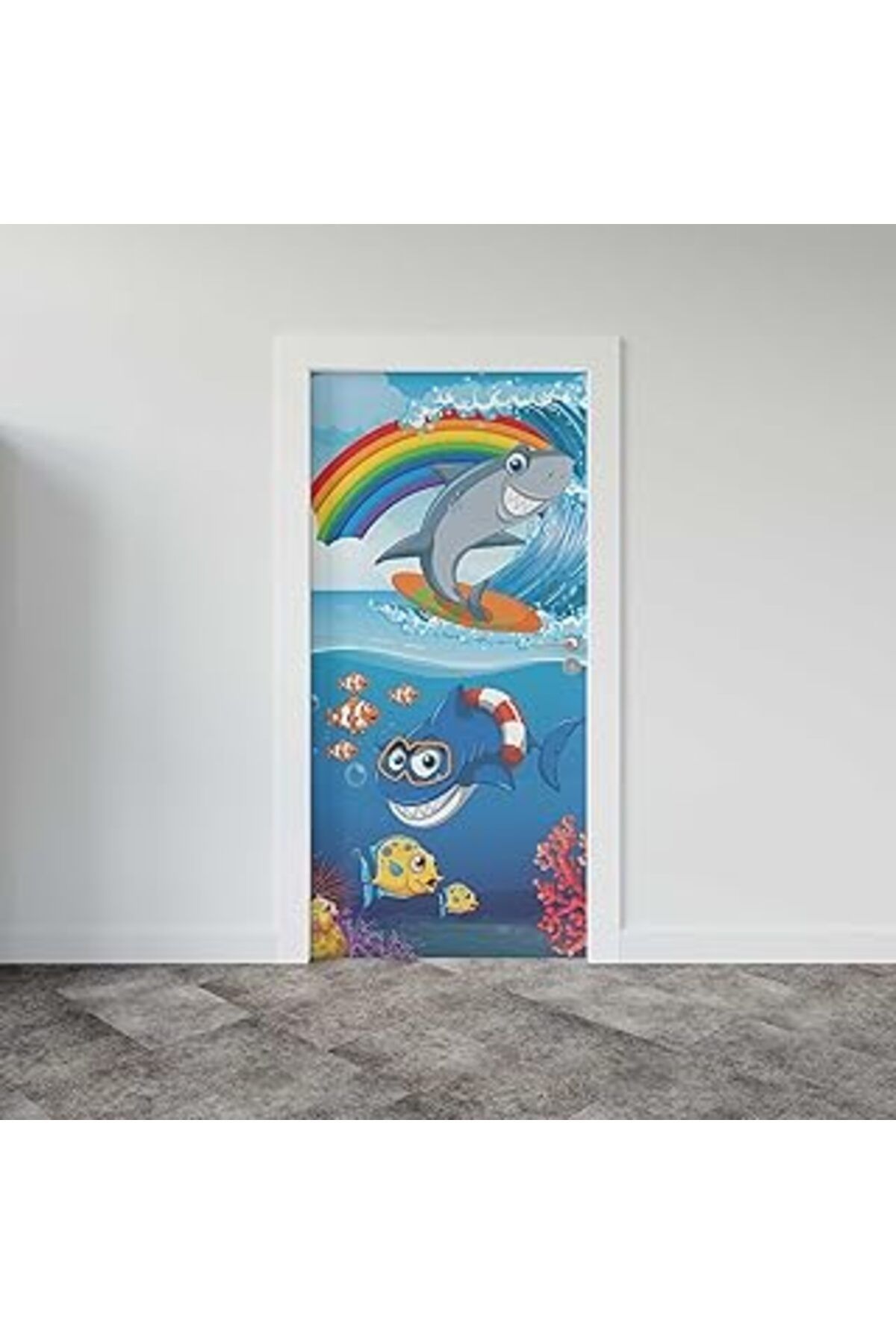 Mu Art Ahşap Kapı Giydirme Kapı Sticker Folyosu Köpek Balığı Gökkuşağı