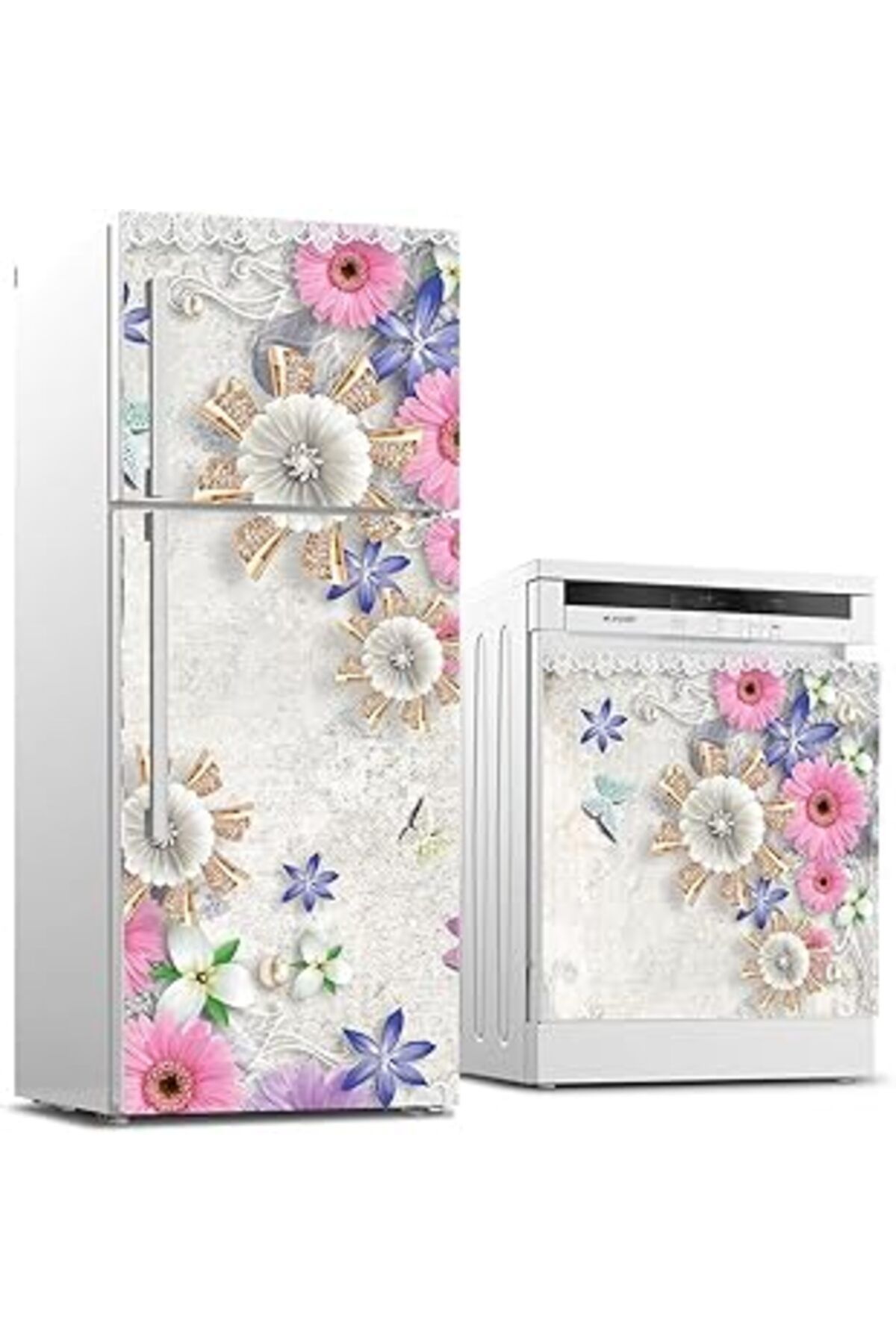 Mu Art Ahşap Buzdolabı Ve Bulaşık Makinası Beyaz Eşya Sticker Kaplama 3D Papatya