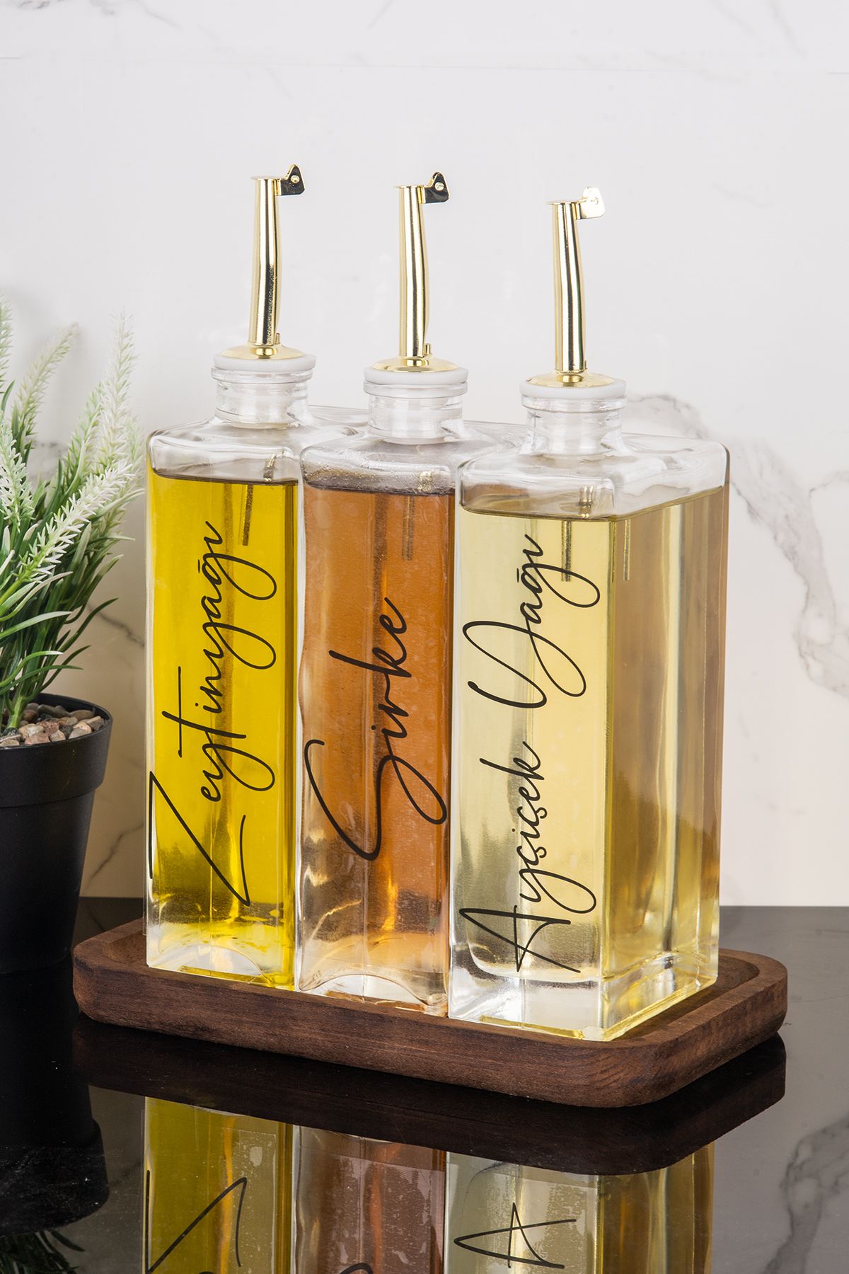 Dolkin Home 3lü Lüx 500ml Yağdanlık Ahşap Standlı Gold Kapak Cam Yağlık Zeytinyağı AyçiçekYağı Sosluk Sirkelik