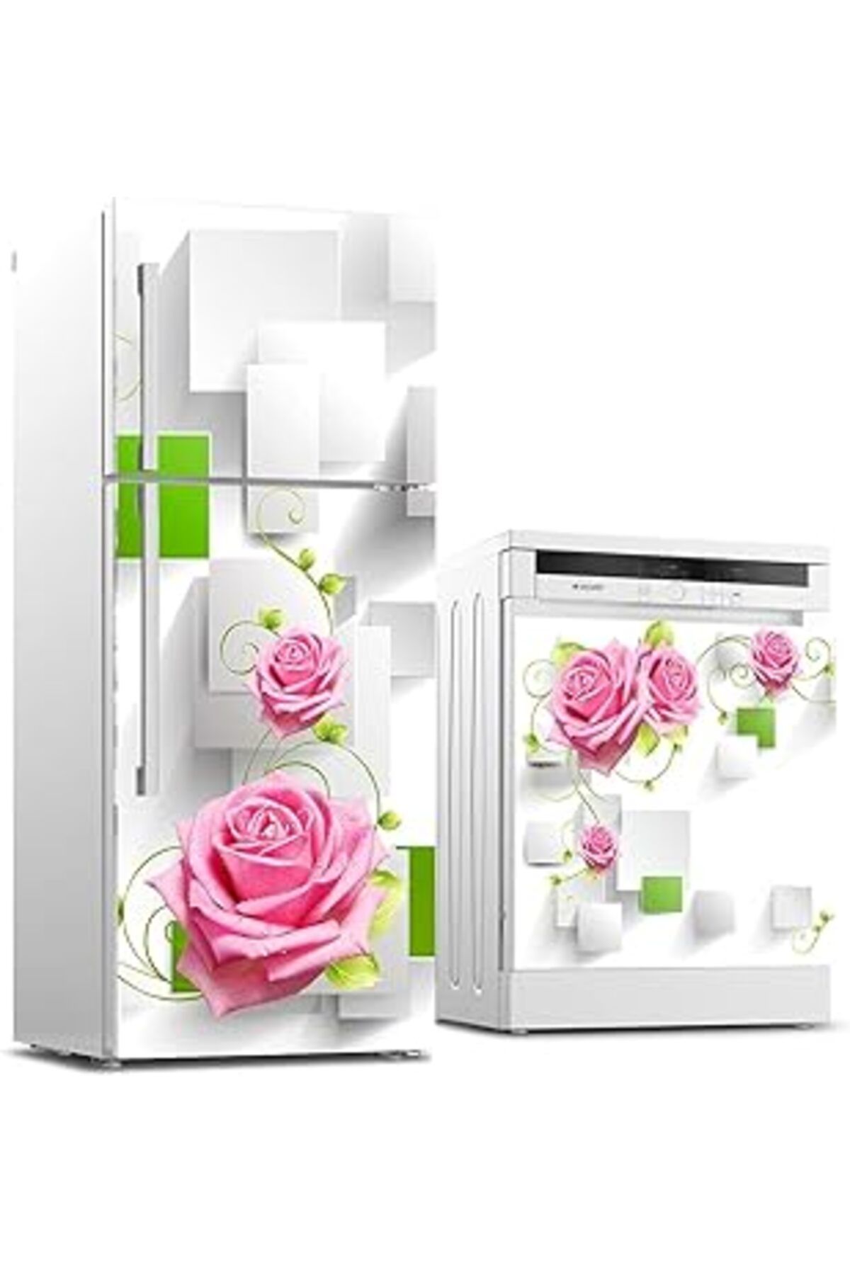 Mu Art Ahşap Buzdolabı Ve Bulaşık Makinası Beyaz Eşya Sticker Kaplama Pembe Gül Yeşil