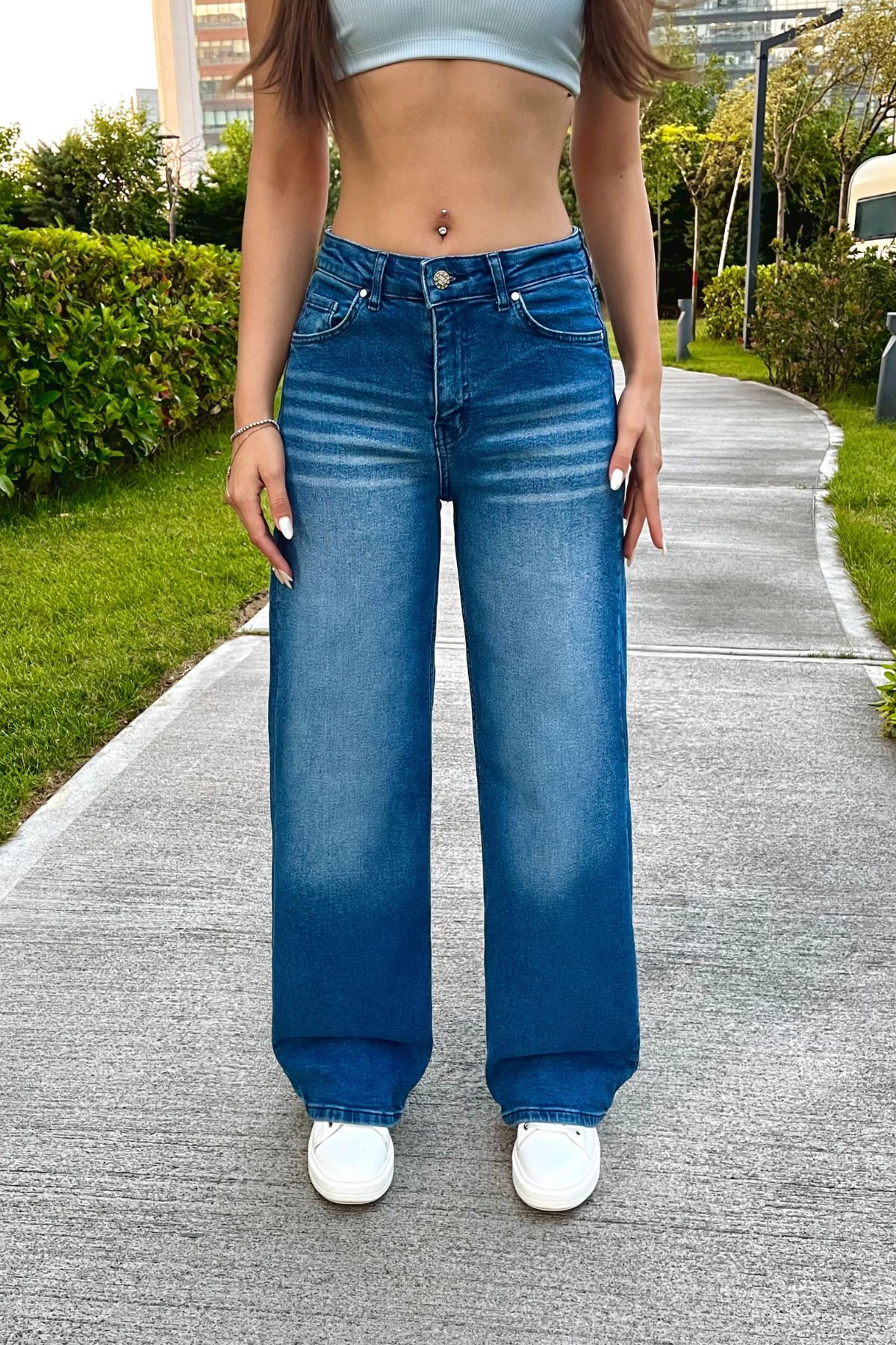 BİKELİFE Kadın Yüksek Bel Esnek Soluk Efektli Vintage Geniş Paça Wide Leg Rahat Jean