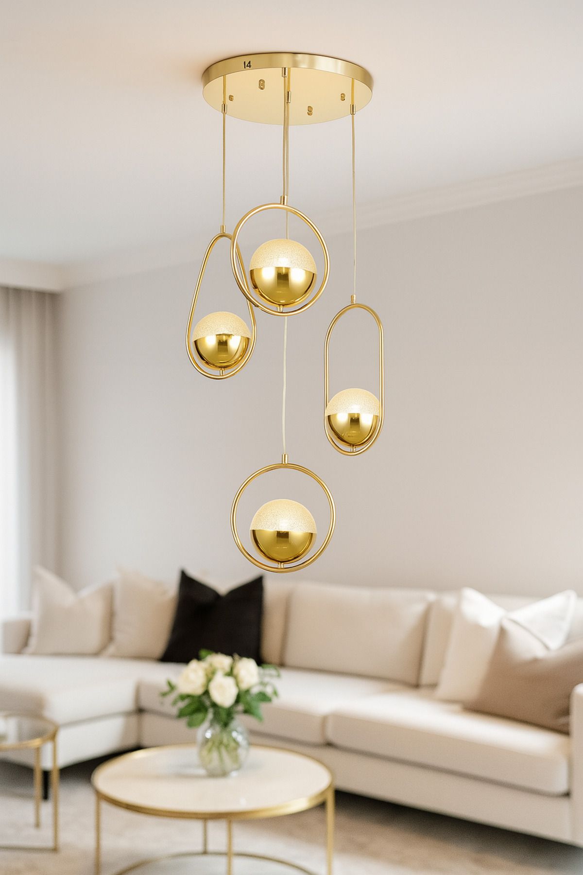 Avizemoda Serra 4'lü Akrilik Toplu Salon Oturma Odası Modern Sarkıt Avize - Gold Kaplama