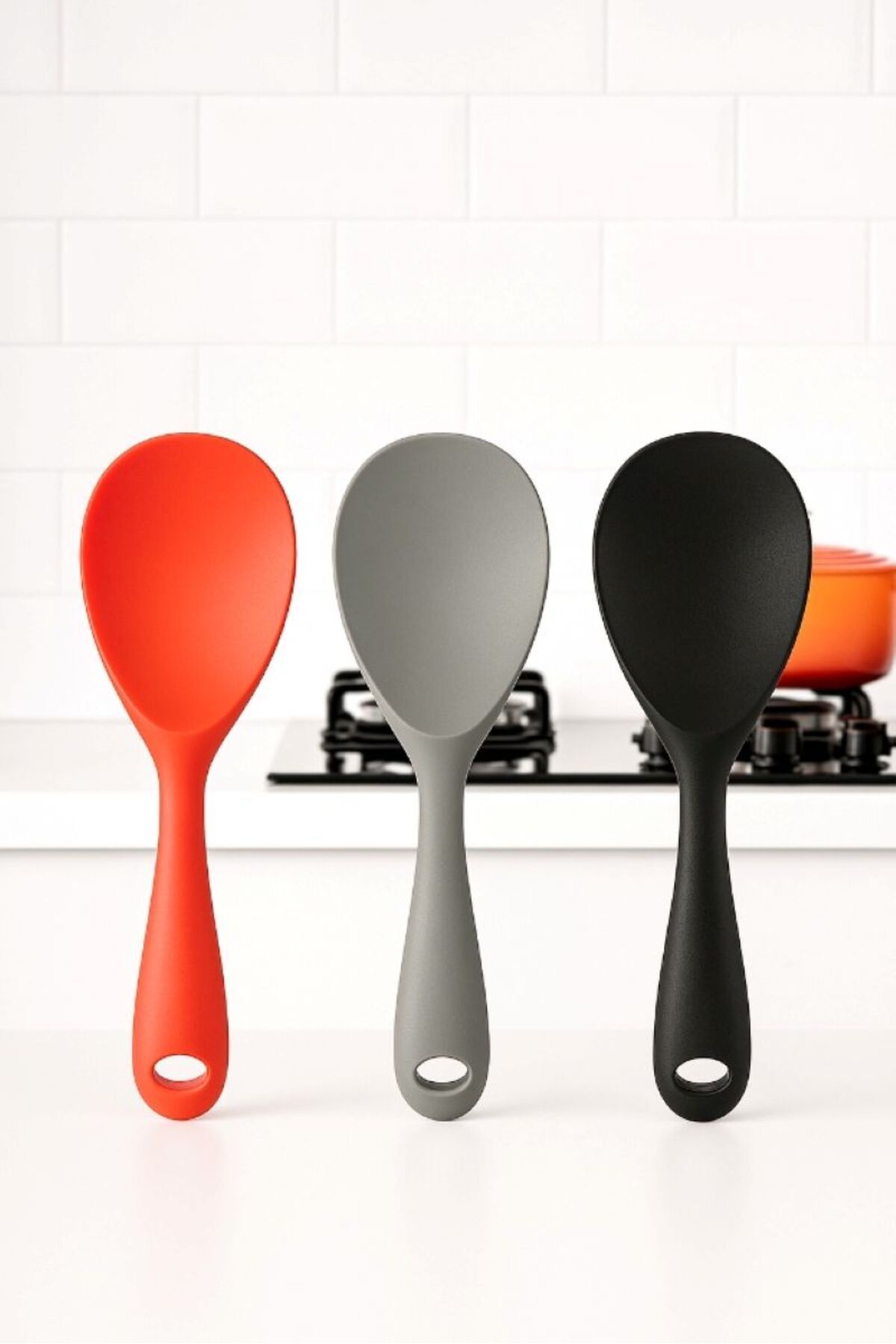 TARIK HOME 3 Adet 22 cm Ekstra Sert Uçlu Silikon Karıştırma Kaşığı, Pilav, Helva Kaşığı Yanmaz Tava Çizmez