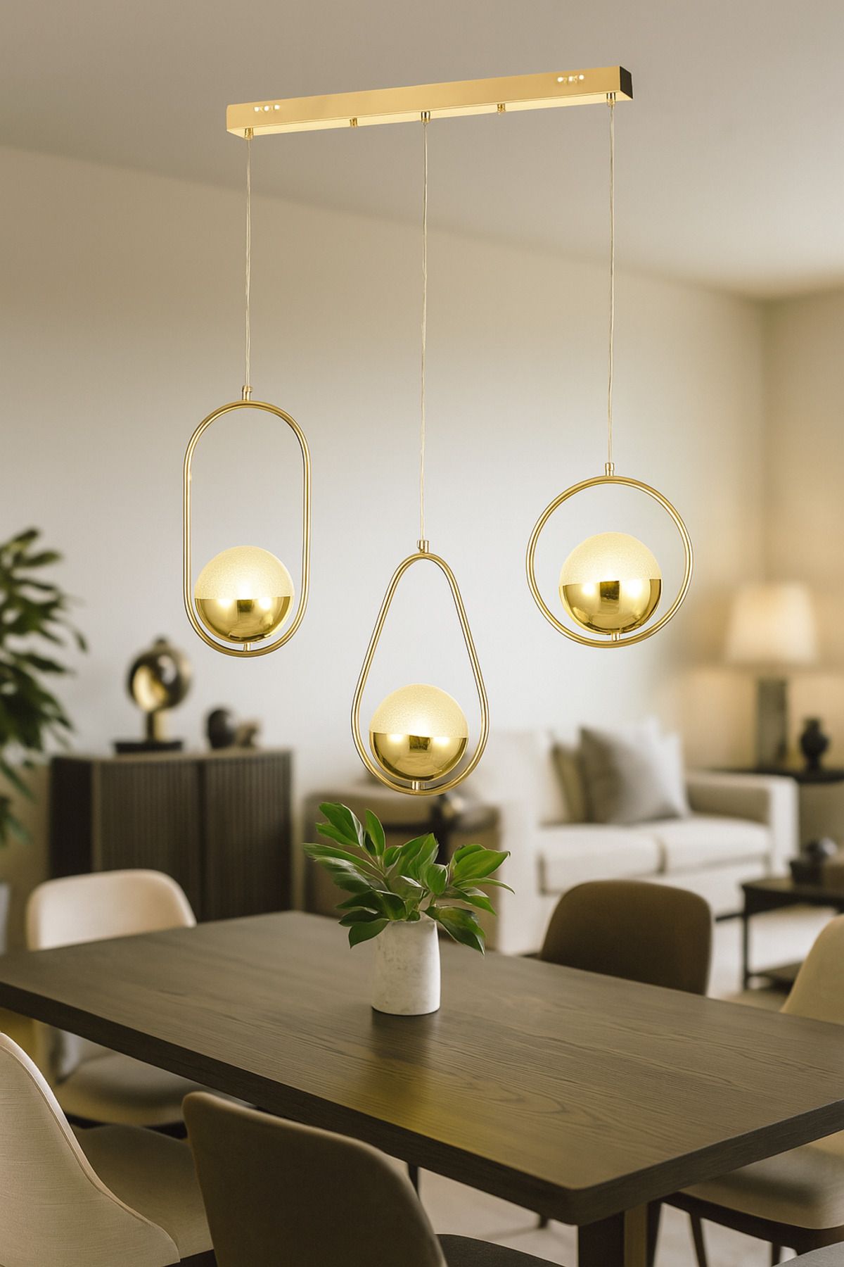 Avizemoda Serra 3'lü Yemek Masası Üstü Akrilik Toplu Salon Oturma Odası Modern Sarkıt Avize - Gold
