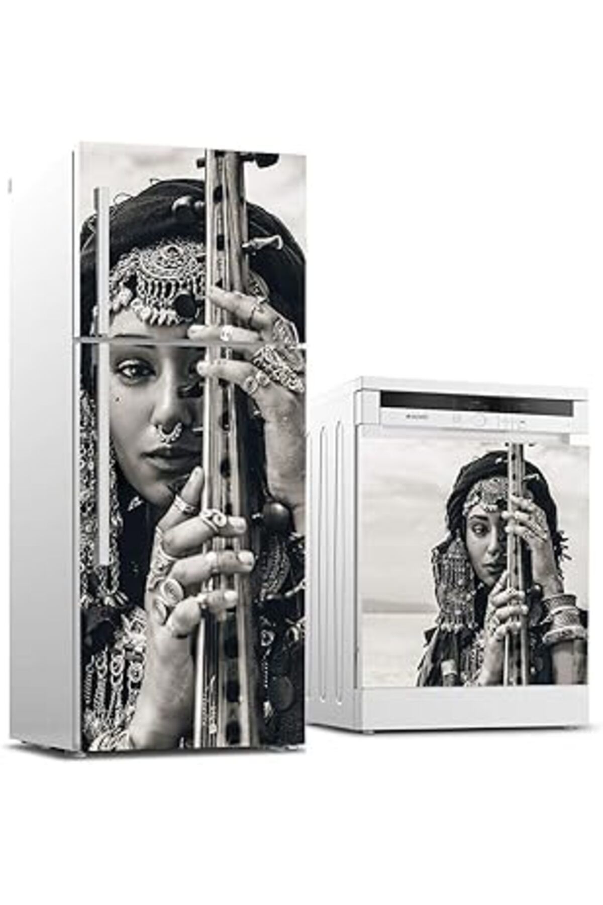 Mu Art Ahşap Buzdolabı Ve Bulaşık Makinası Beyaz Eşya Sticker Kaplama Çingene Kız