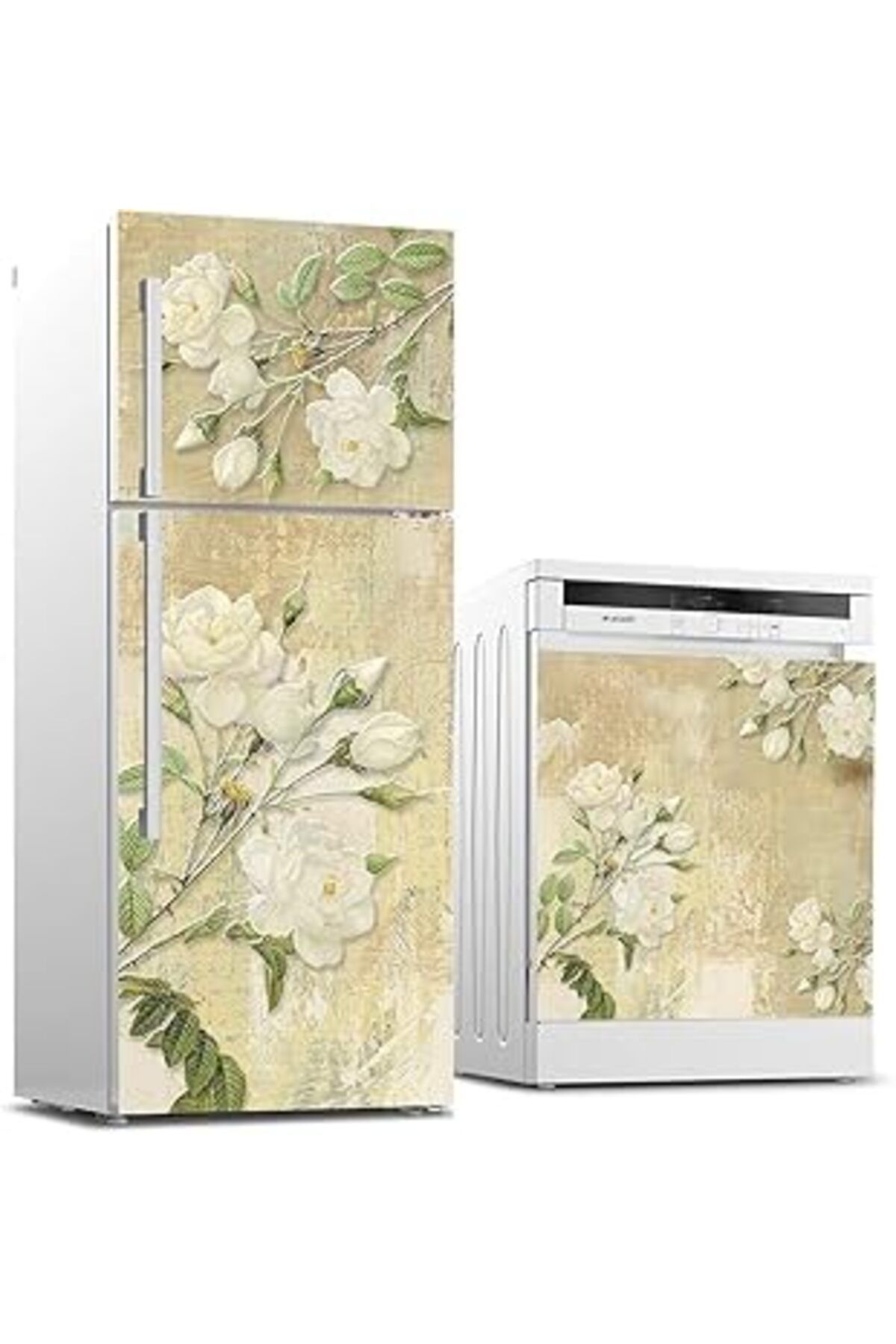 Mu Art Ahşap Buzdolabı Ve Bulaşık Makinası Beyaz Eşya Sticker Kaplama Kabartma Desen Çiçek