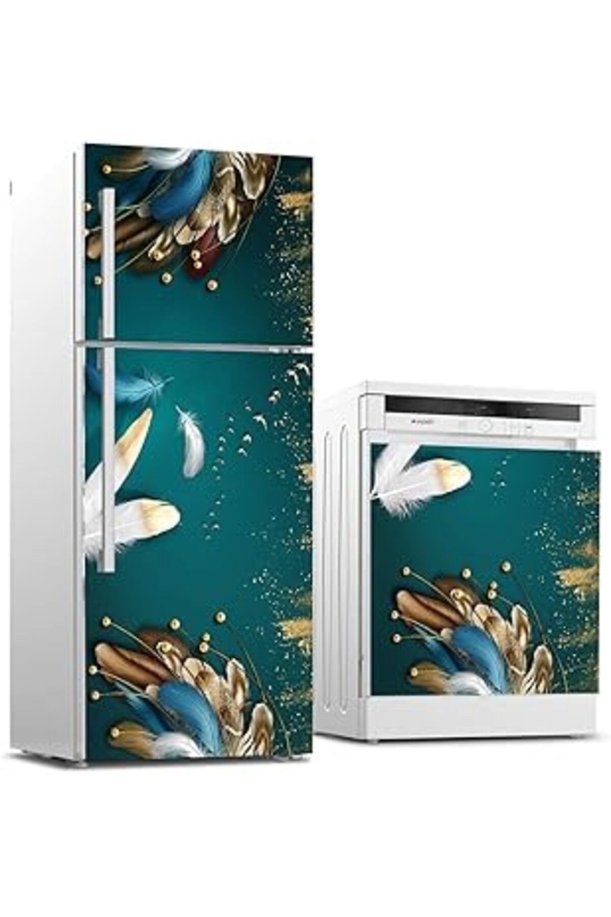 Mu Art Ahşap Buzdolabı Ve Bulaşık Makinası Beyaz Eşya Sticker Kaplama 3D Renkli Tüyler