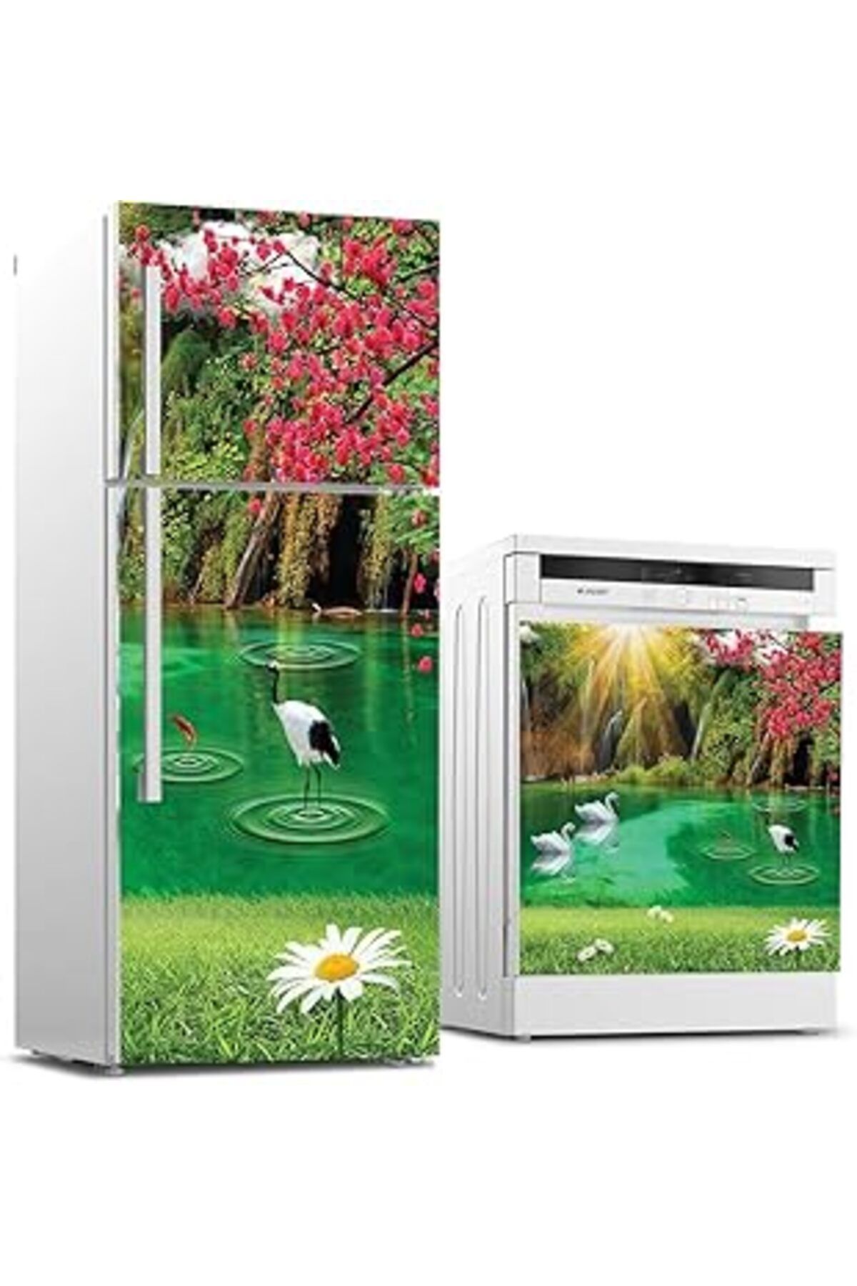 Mu Art Ahşap Buzdolabı Ve Bulaşık Makinası Beyaz Eşya Sticker Kaplama Göl Papatya