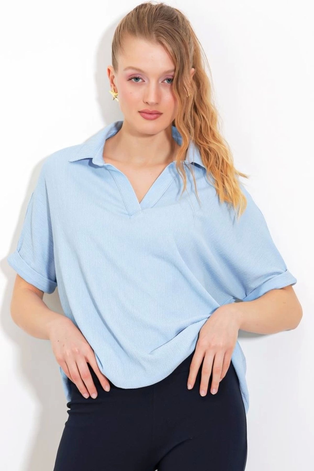 Silerra Mavi Oversize Polo Yaka Örme Bluz 0486