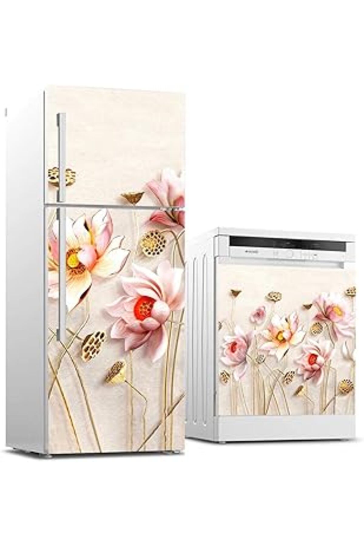 Mu Art Ahşap Buzdolabı Ve Bulaşık Makinası Beyaz Eşya Sticker Kaplama Parlak Çiçek
