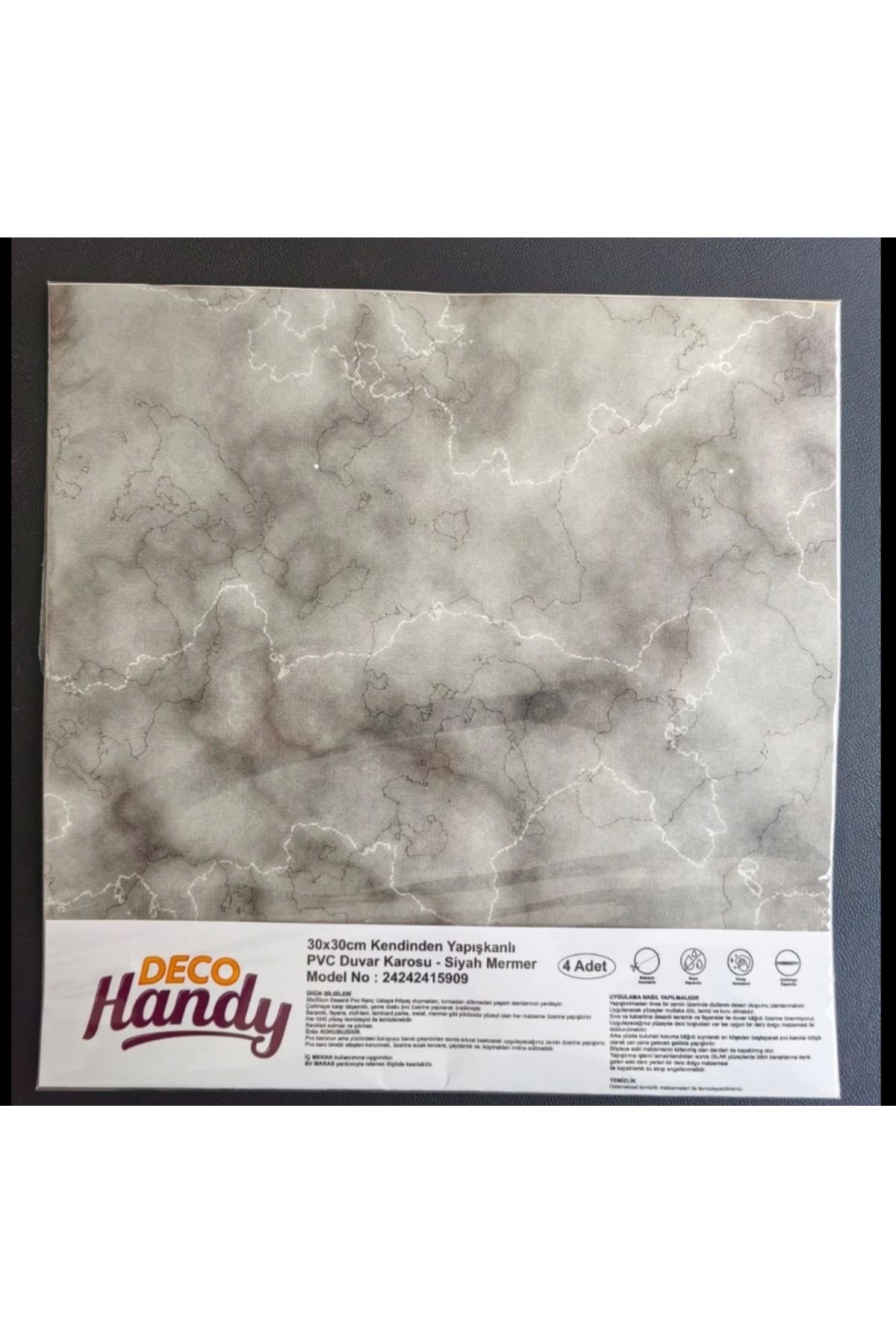 PRATİKOBA DecoHandy Pvc Duvar Karosu 30x30cm 4'lü Paket - Mermer Desenli Siyah 0,36m2