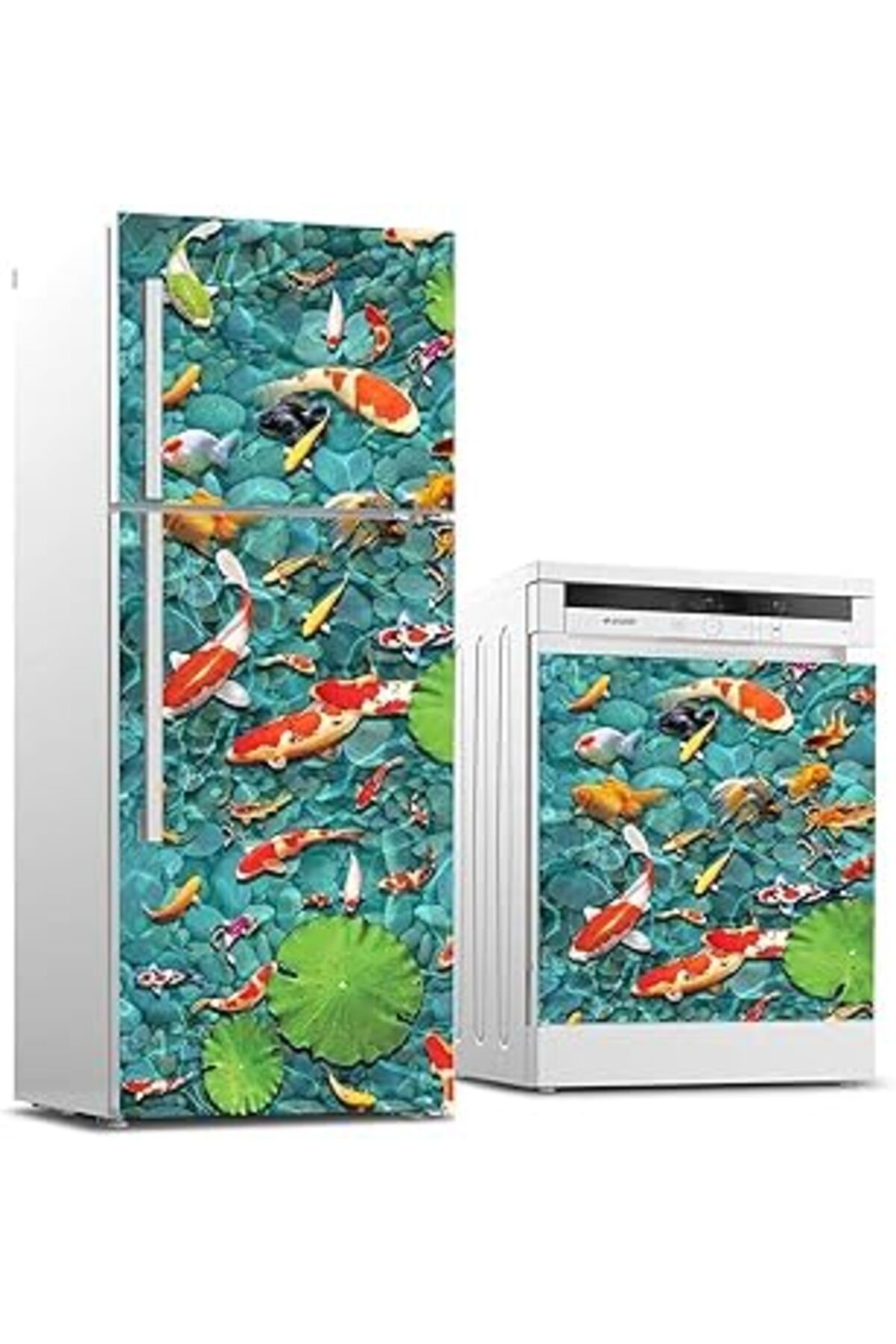 Mu Art Ahşap Buzdolabı Ve Bulaşık Makinası Beyaz Eşya Sticker Kaplama Balıklar