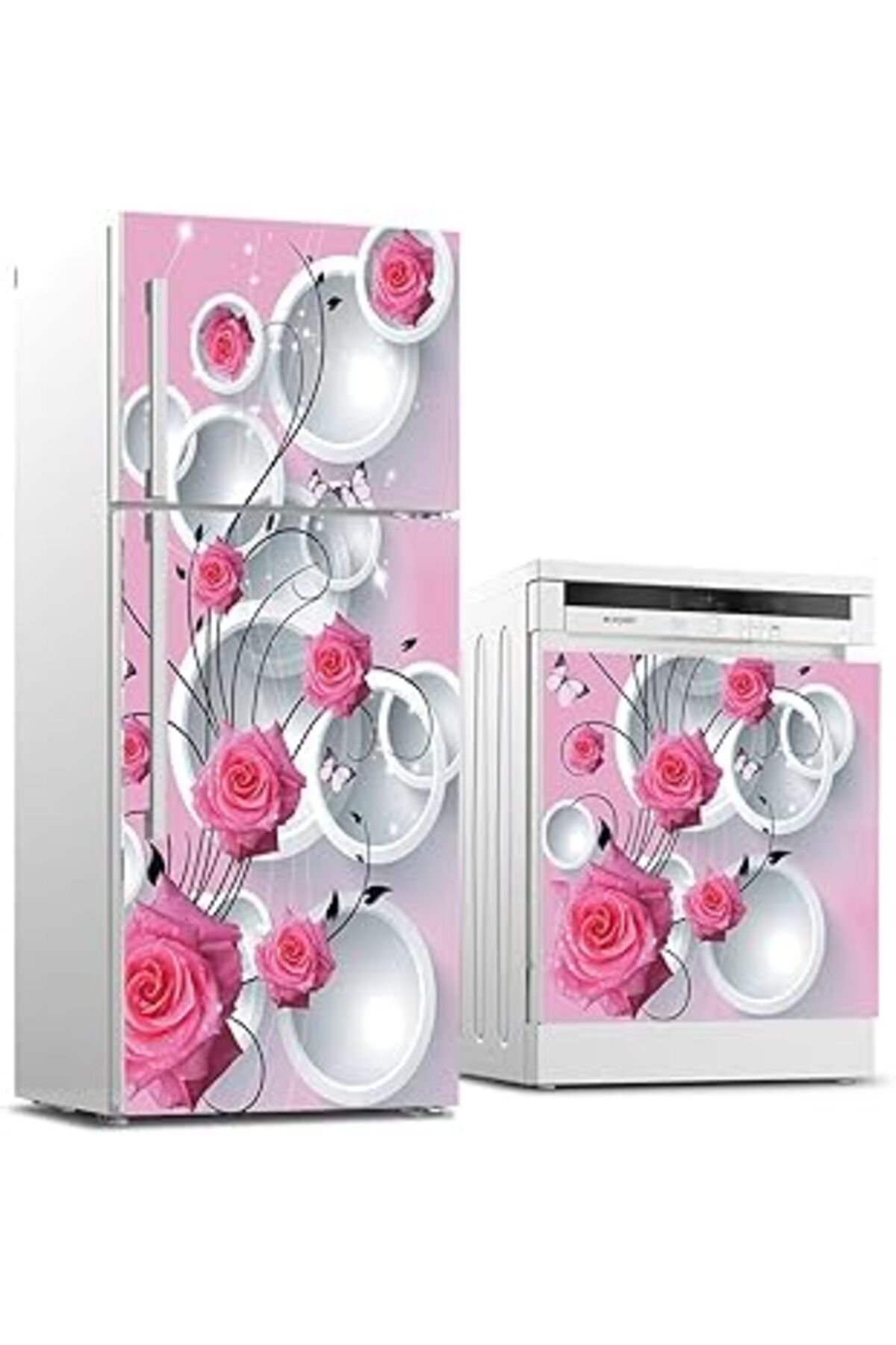 Mu Art Ahşap Buzdolabı Ve Bulaşık Makinası Beyaz Eşya Sticker Kaplama 3D Pembe Gül