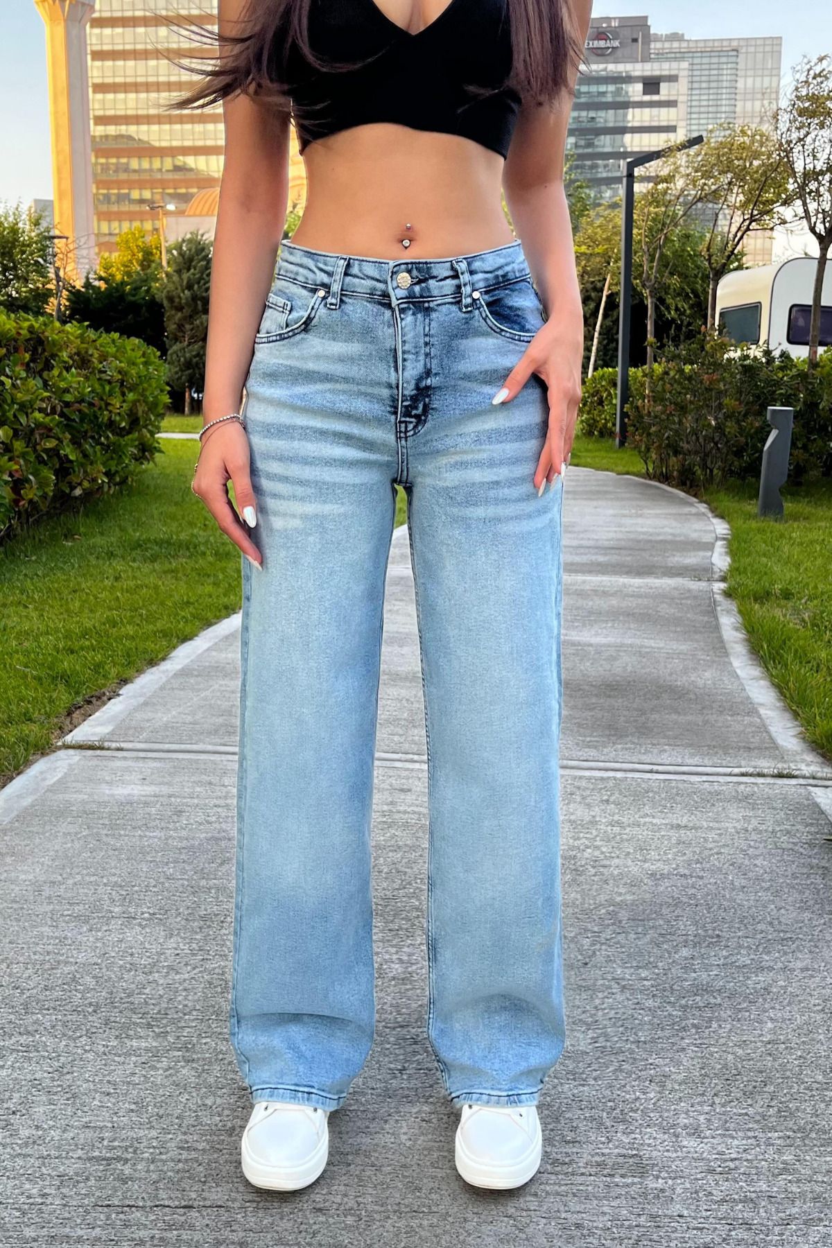 BİKELİFE Kadın Yüksek Bel Esnek Soluk Efektli Vintage Geniş Paça Wide Leg Rahat Jean