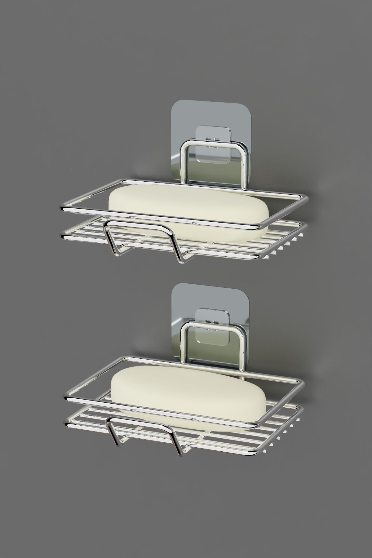 Hill Homes Krom Gümüş Yapışkanlı 2 li Set Sabunluk Banyo Mutfak Lavabo Metal Katı Sabunluk
