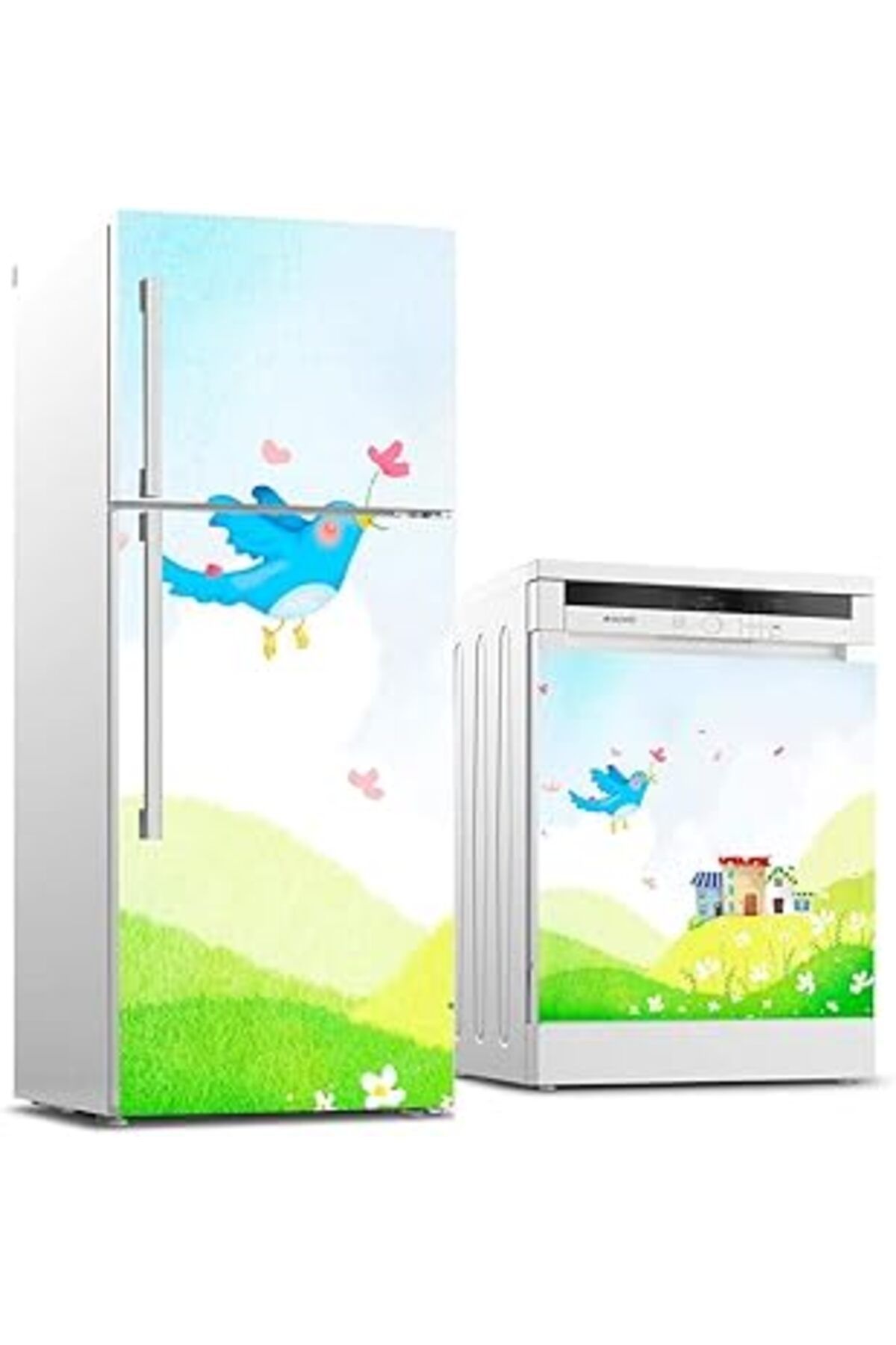 Mu Art Ahşap Buzdolabı Ve Bulaşık Makinası Beyaz Eşya Sticker Kaplama Kuş