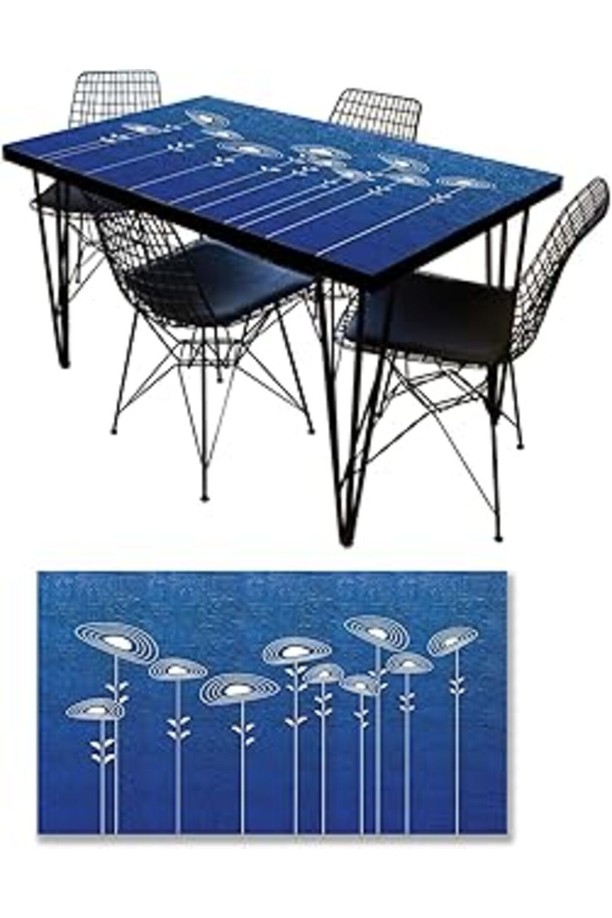 Mu Art Ahşap Masa Kaplama Folyosu Mobilya Masa Kaplama Folyoları Mavi Beyaz Çiçekler