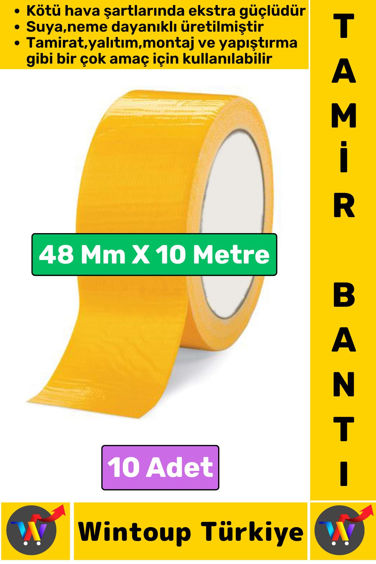 Wintoup Ultra Güçlü Su Neme Dayanıklı Çok Amaçlı Montaj Onarım İzolasyon Tamir Bantı Sarı 48 Mmx10 Mt 10 Adt