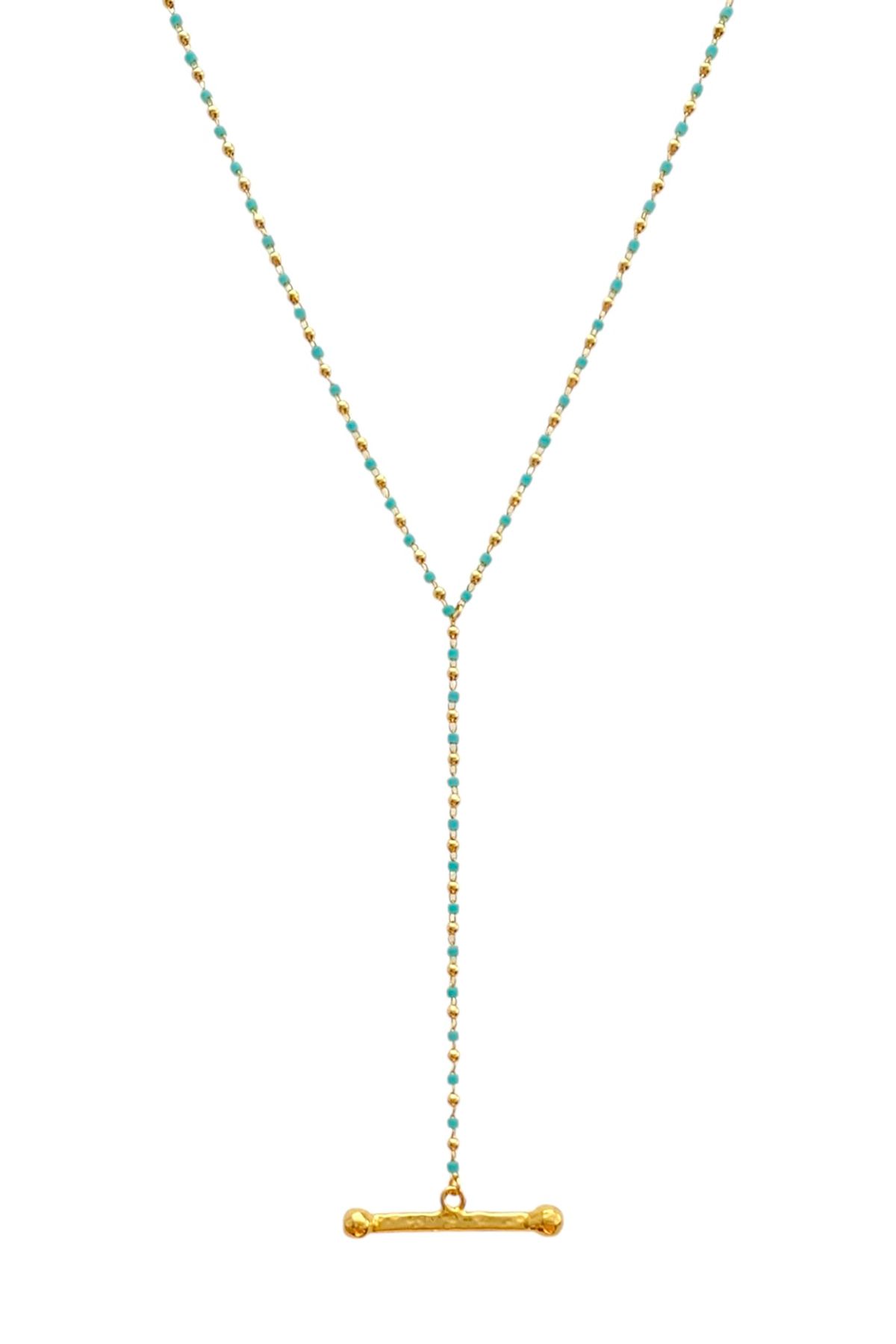 Bonnjerra Jewellery Altın Kaplama Mavi Turkuaz Taşlı Dekolte Y Kolye, Mavi Taşlı Y Kolye, Dekolte Zincir Kolye, T Kolye