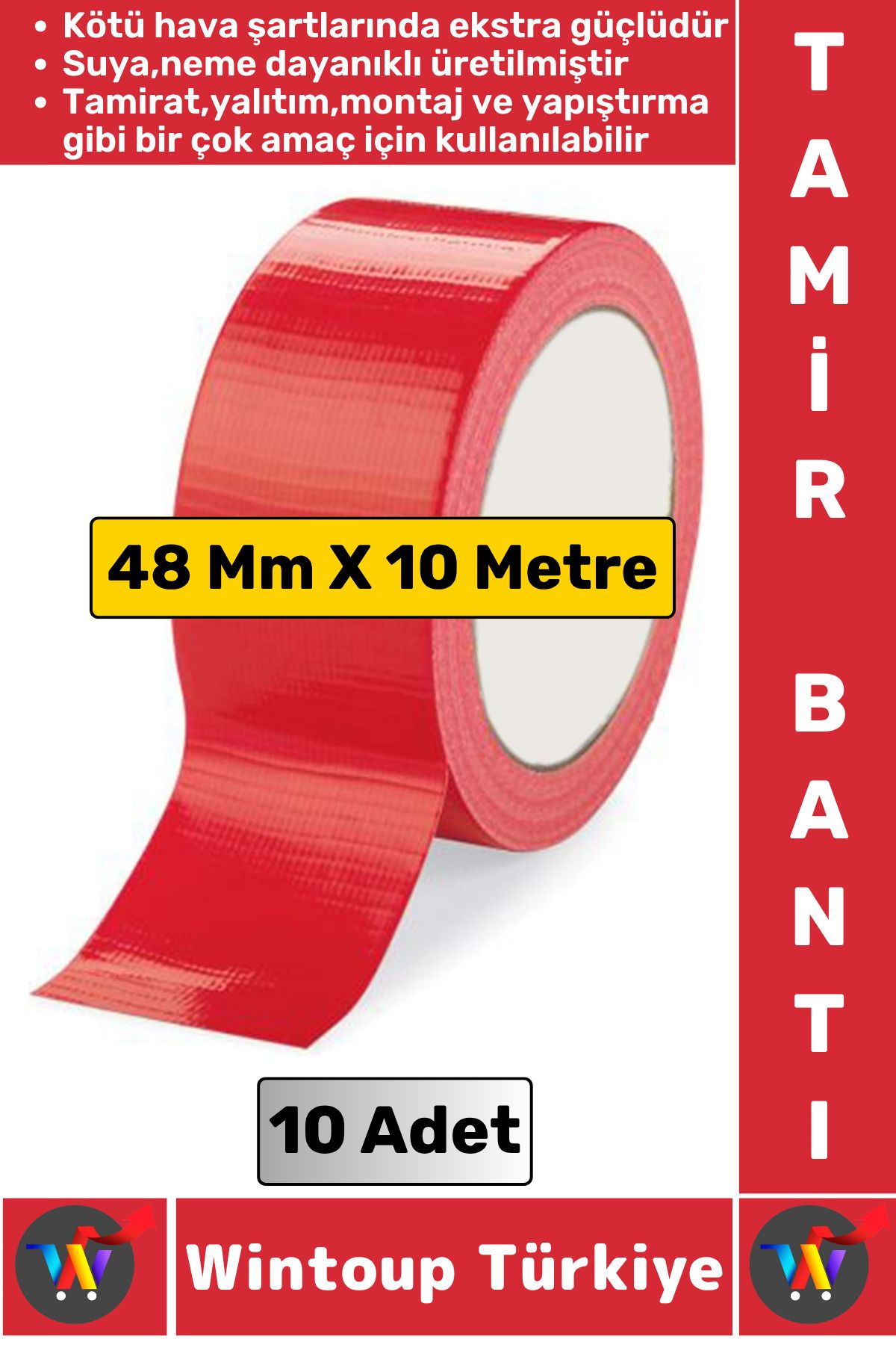 Wintoup Ultra Güçlü Su Neme Dayanıklı Çok Amaçlı Montaj Onarım İzolasyon Tamir Bantı Kırmızı 48Mmx10Mt 10 Ad