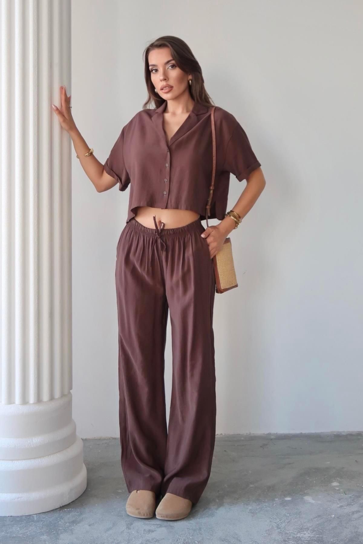 Moda cameo Mohinto Modal Kumaş Gömlek Pantolon Takım Kahverengi