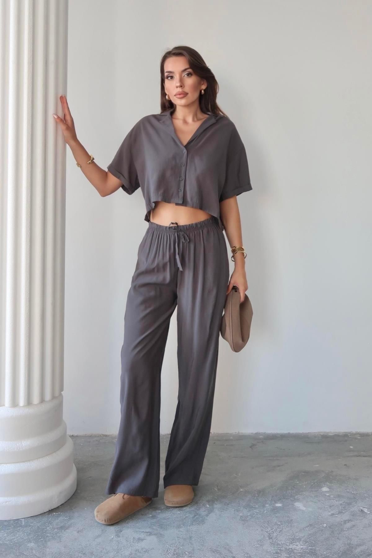 Moda cameo Mohinto Modal Kumaş Gömlek Pantolon Takım Gri
