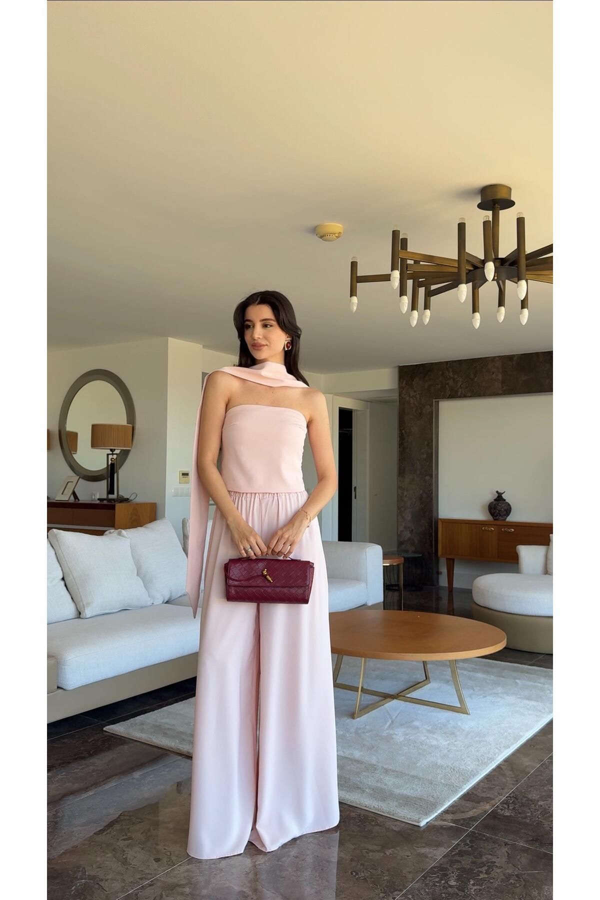 HAZELANNA Şal Detaylı Straplez Pudra Takım