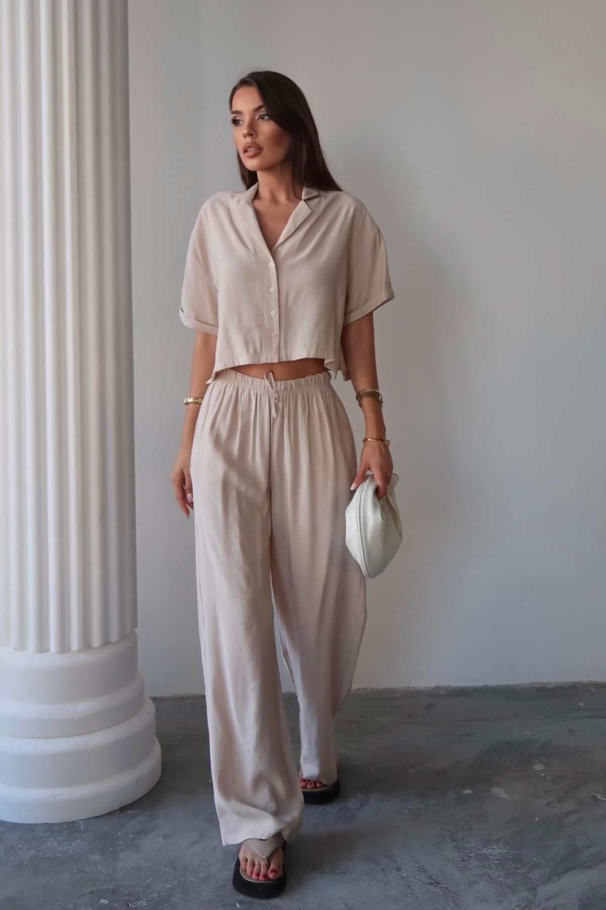 Moda cameo Mohinto Modal Kumaş Gömlek Pantolon Takım Taş