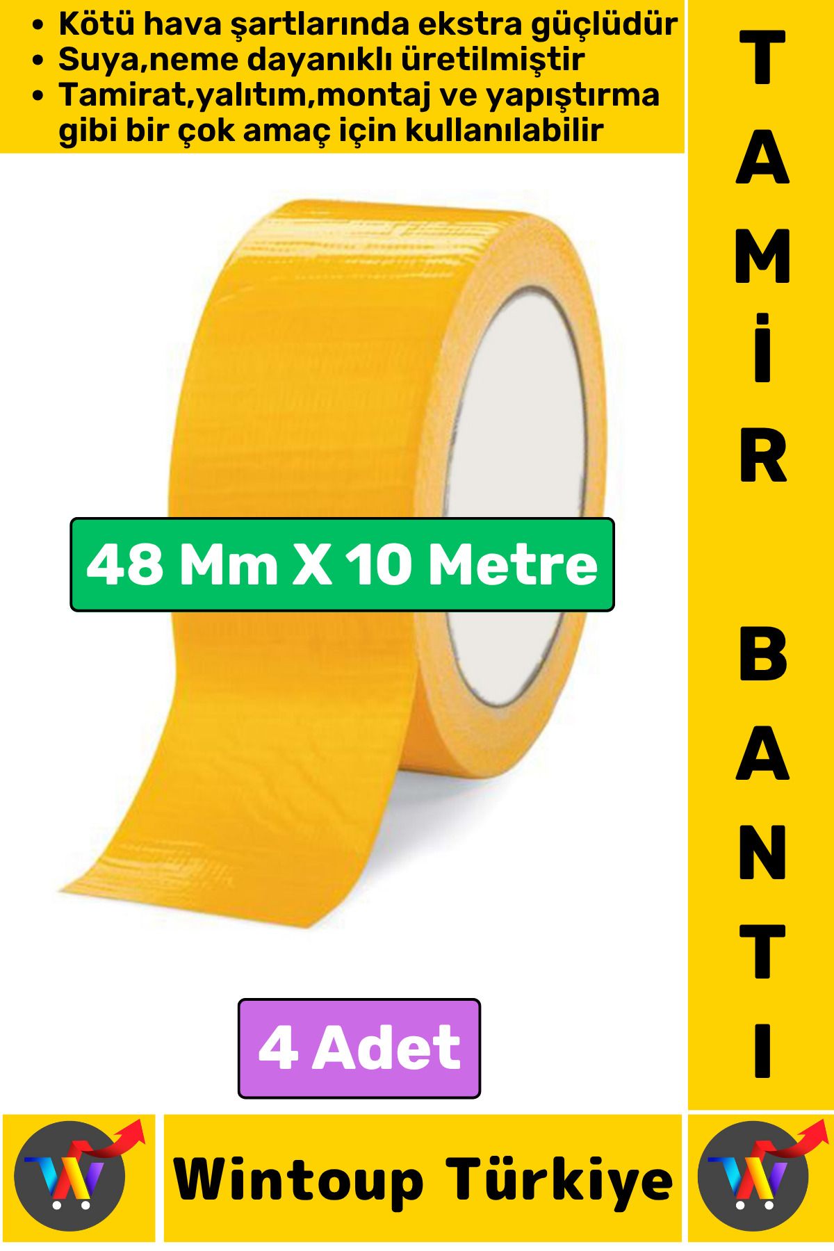 Wintoup Ultra Güçlü Su Neme Dayanıklı Çok Amaçlı Montaj Onarım İzolasyon Tamir Bantı Sarı 48 Mmx10 Mtr 4 Adt