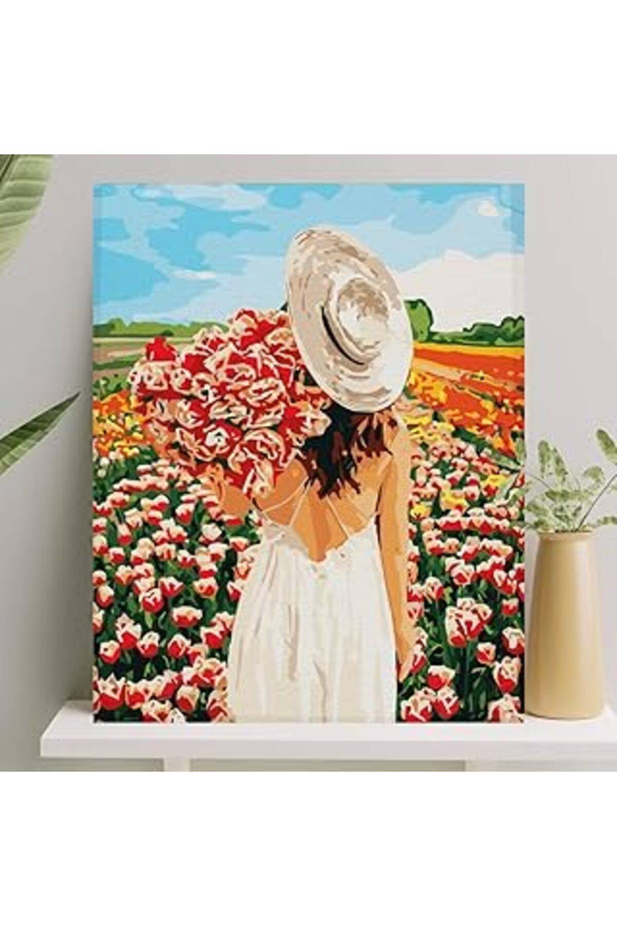 Qedii Palmiye Hobi Sanat Sayılarla Boyama Tuval Seti Fırça Boya Dahil (Çıtalı) 40X50 Cm - Lale