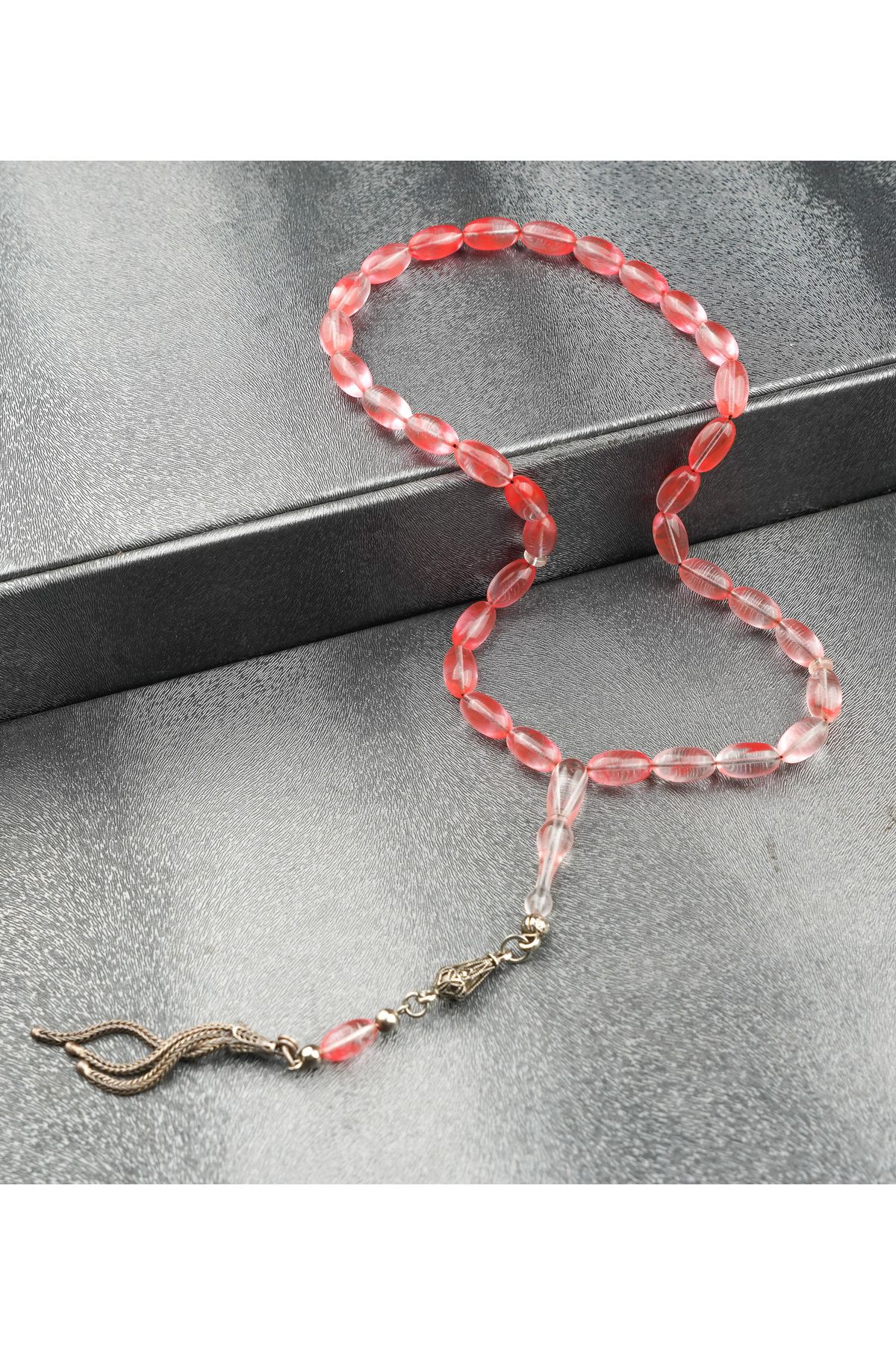 Tesbih-i Hazır Tesbihçilik Toz Pembe Uçak Camı Tesbih 925 ayar gümüş püskül
