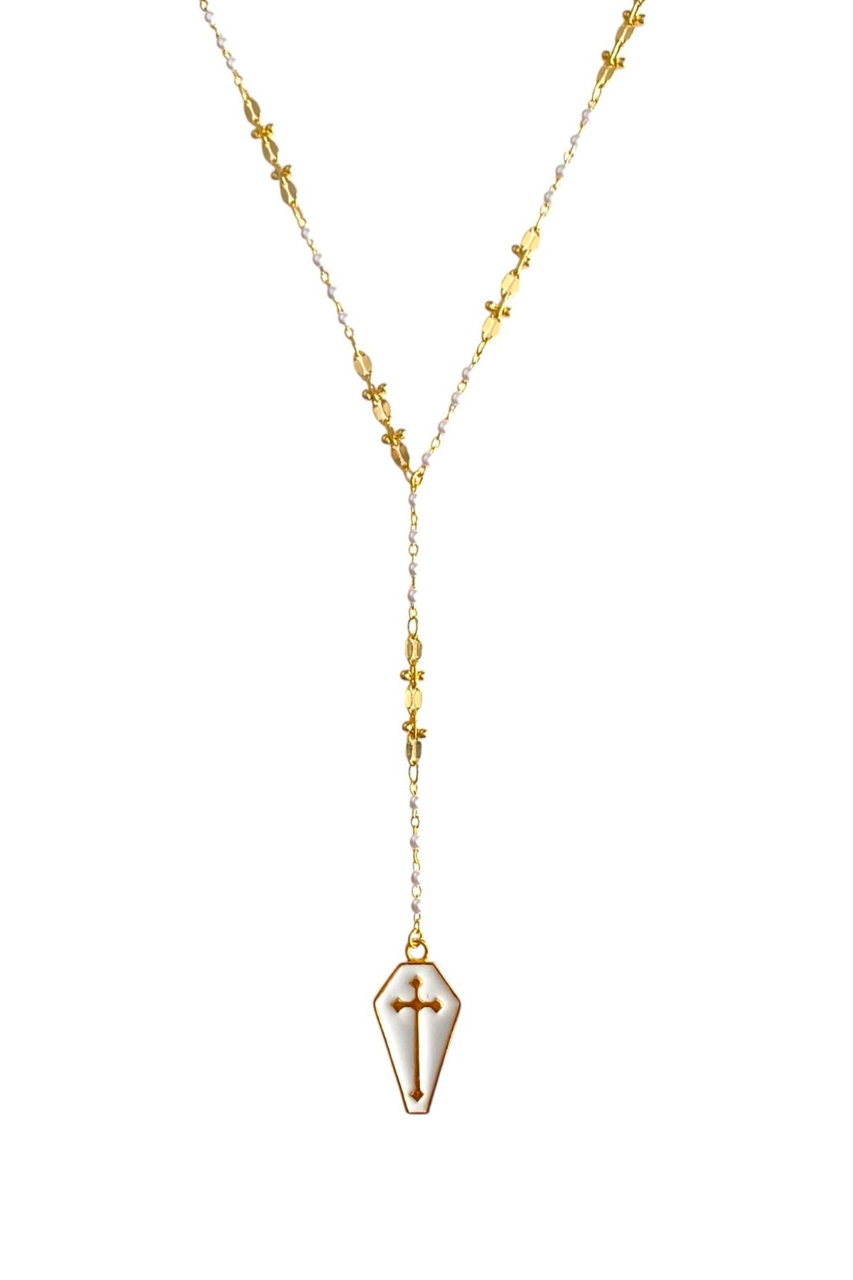 Bonnjerra Jewellery Özel Tasarım Altın Kaplama Minimal İnci Detaylı Beyaz Mineli Haç Kolye, Beyaz Haç Kolye
