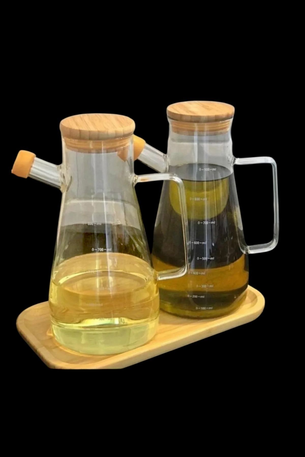 UCR HOME Masterchef Borosilikat Cam Yağdanlık Bambu Kapak Altlık Master Chef Yağlık 2 Adet 900 ML