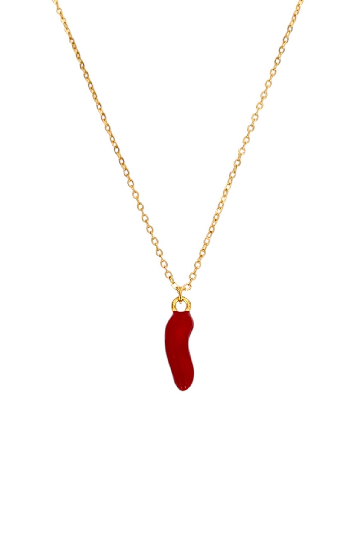 Bonnjerra Jewellery Altın Kaplama Şans Getiren Boynuz Kolye, Kırmızı Biber Kolye, Kırmızı Biber Şans Kolyesi