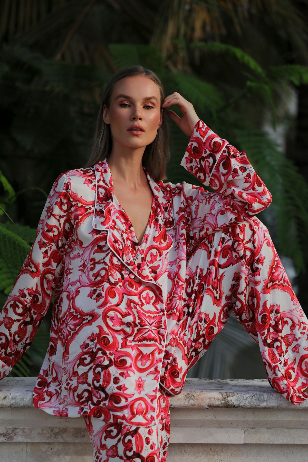 MODA MAİSON JESSIE ROUGE ROYAL PANTOLON TAKIM - %100 İPEK SATEN KIRMIZI-BEYAZ