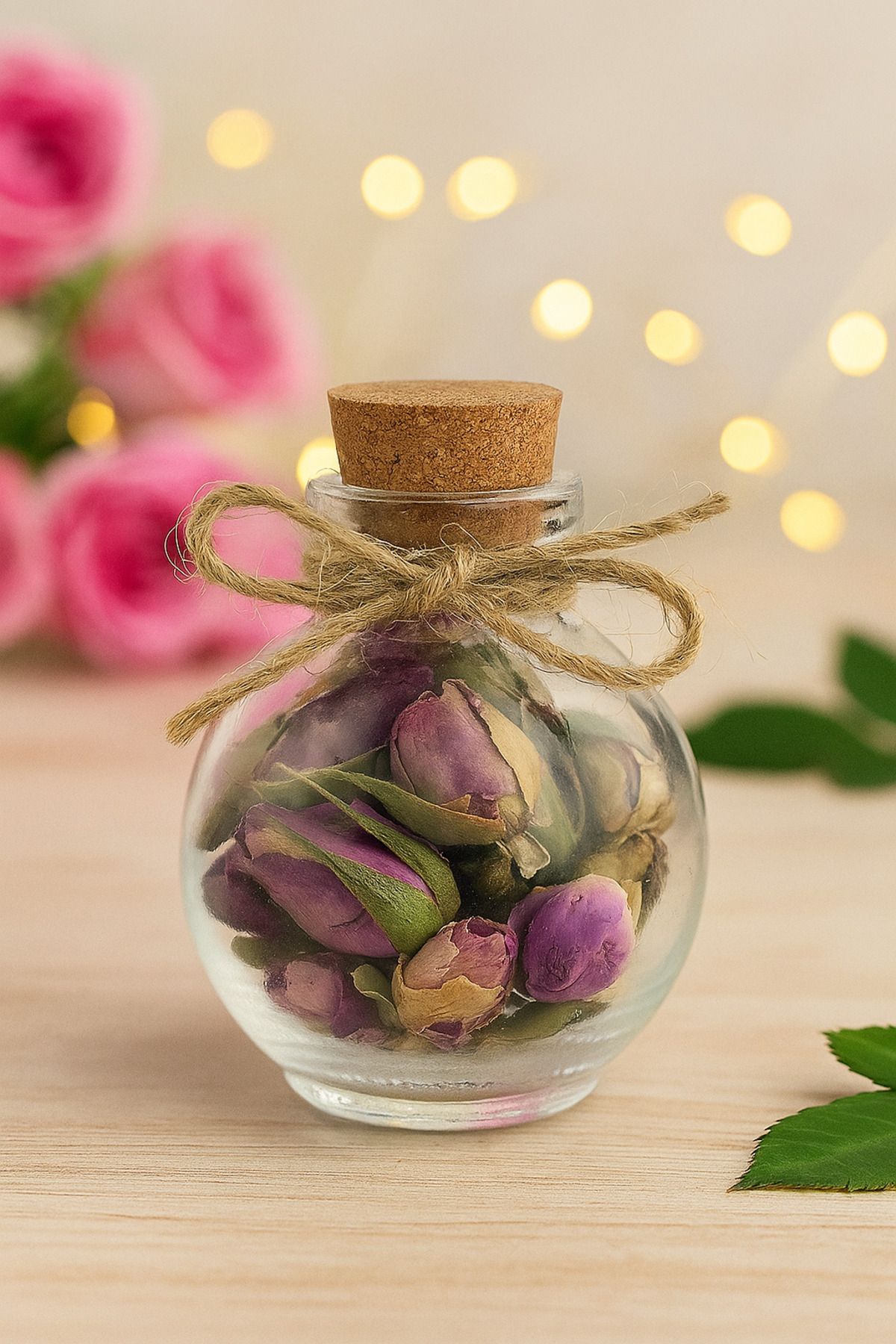 Şirin Küresel Cam Kavanozda Kurutulmuş Gül Tomurcuğu – Dekoratif & Aromatik