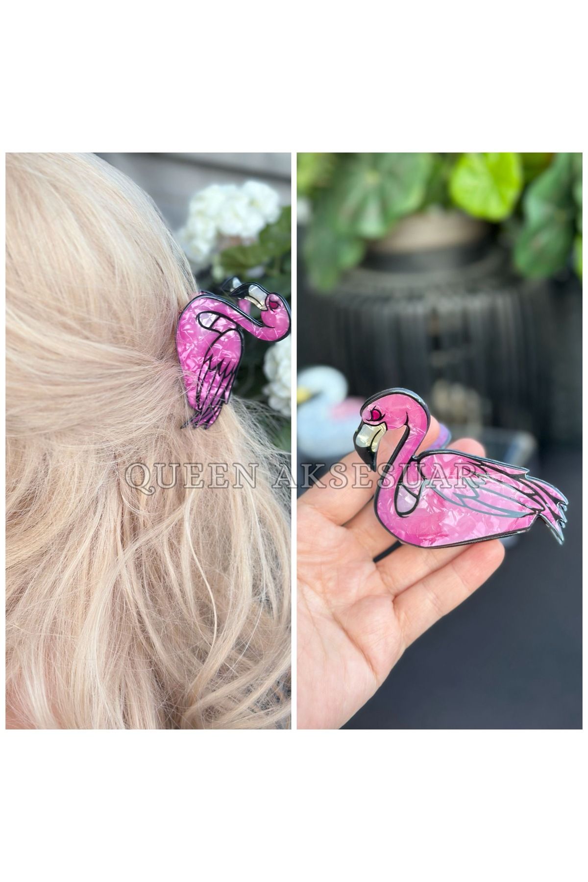 QUEEN AKSESUAR Lüks Sedefli parlak pembe kemik flamingo mandal toka