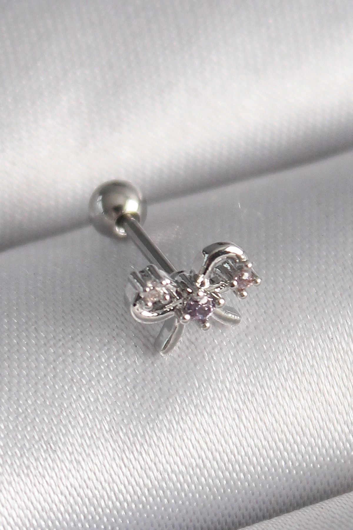 CANSA 316L Çelik Gümüş Renk Zirkon Taşlı Kurdele Tragus Piercing