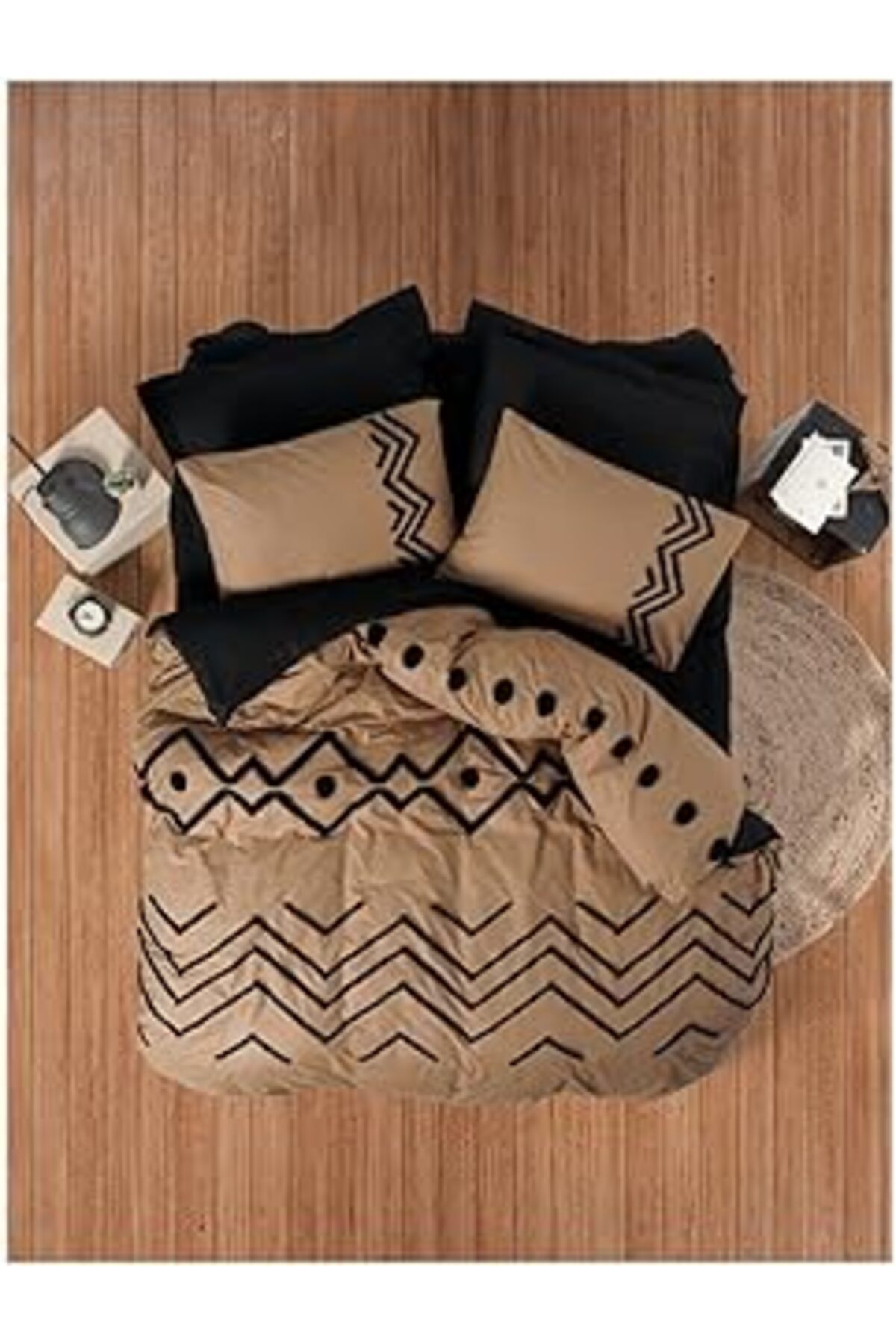 Qedii Cotton Box Puff Nakışlı Çift Kişilik Nevresim Takımı Elio Bakır-Siyah